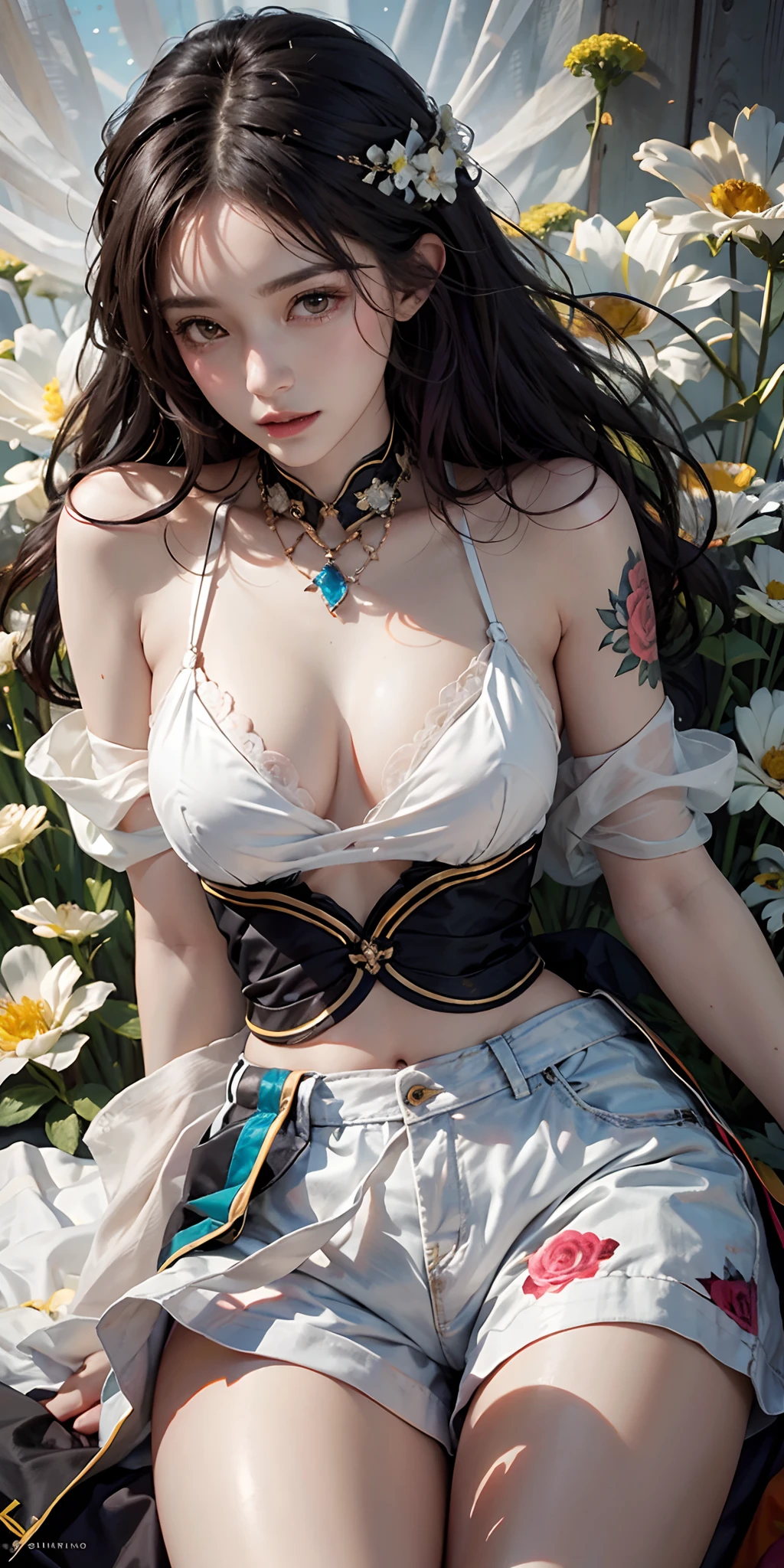 photorealistic, high resolution, soft light,1women, solo, hips up, shining skin, (detailed face),tattoo, jewelry, rainbow color Hair, white_skirt, high-waist_shorts, outfit ,roses,(dynamic angle:1.1),vivid,Soft and warm color palette, delicate brushwork, evocative use of light and shadow, wide shot,subtle details in the wilting flowers,high contrast,color contrast,