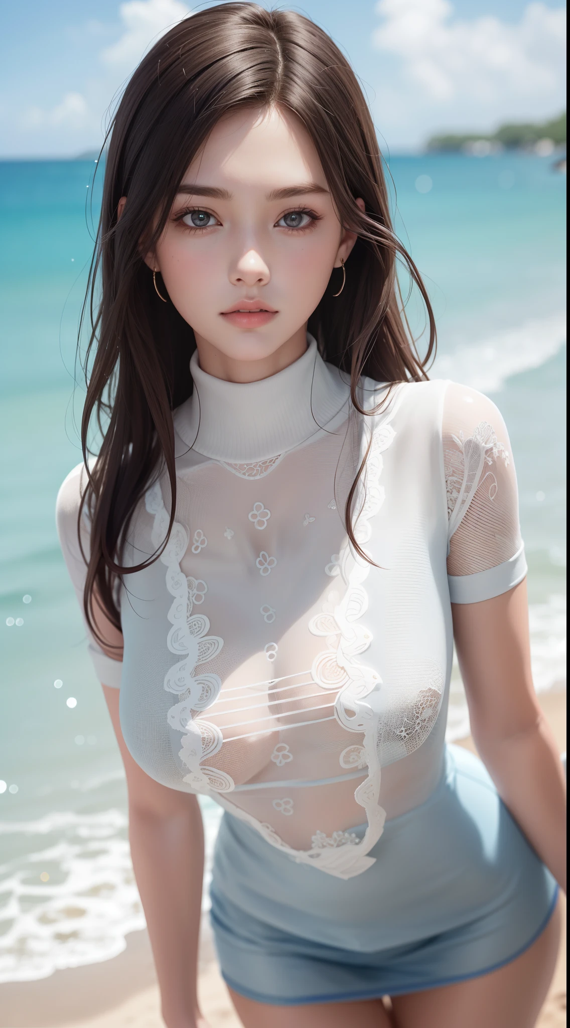 best quality, hyres, original, 1 girl, very detailed wallpaper, very detailed face, pictures, pretty face, stunning, upper body, mature female, beautiful detailed face and eyes, seaside 12, depth of field, HDR, ray tracing, detail lighting, reflection, realism, masterpiece, best quality, official art, extremely detailed CG8K wallpaper, flying petals, perfect female figure, curved, very beautiful breasts, detailed ice, crystal textured skin, indifferent expression, long hair, Messy hair, viewing viewer, extremely delicate beauty, water, beautiful detailed eyes, very detailed, movie lighting, beautiful face, fine water surface, original character painting, super detailed, incredibly detailed, an extremely delicate and beautiful, beautiful meticulous eyes of the best quality, turtleneck dress t-shirt short skirt walking on the beach