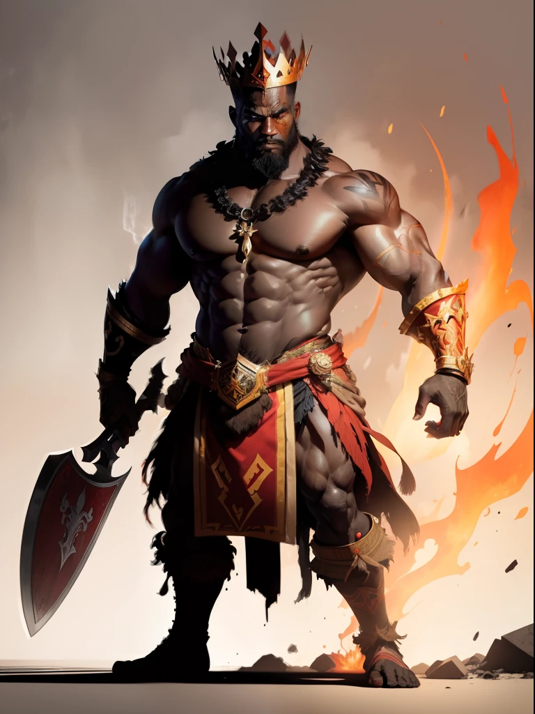 bits of color, Sketch book, hand drawn, dark, gritty, realistic sketch, Rough sketch, mix of bold dark lines and loose lines, bold lines, on paper, centered artwork, 2D vector, vivid red watercolor,  turn around Character sheet, Full body, african tribal king, handsome Black Man, forte king, dungeon and dragons, Defined bulky muscles, African king clothes, crown of fire, flaming eyes, axes with neon lightning