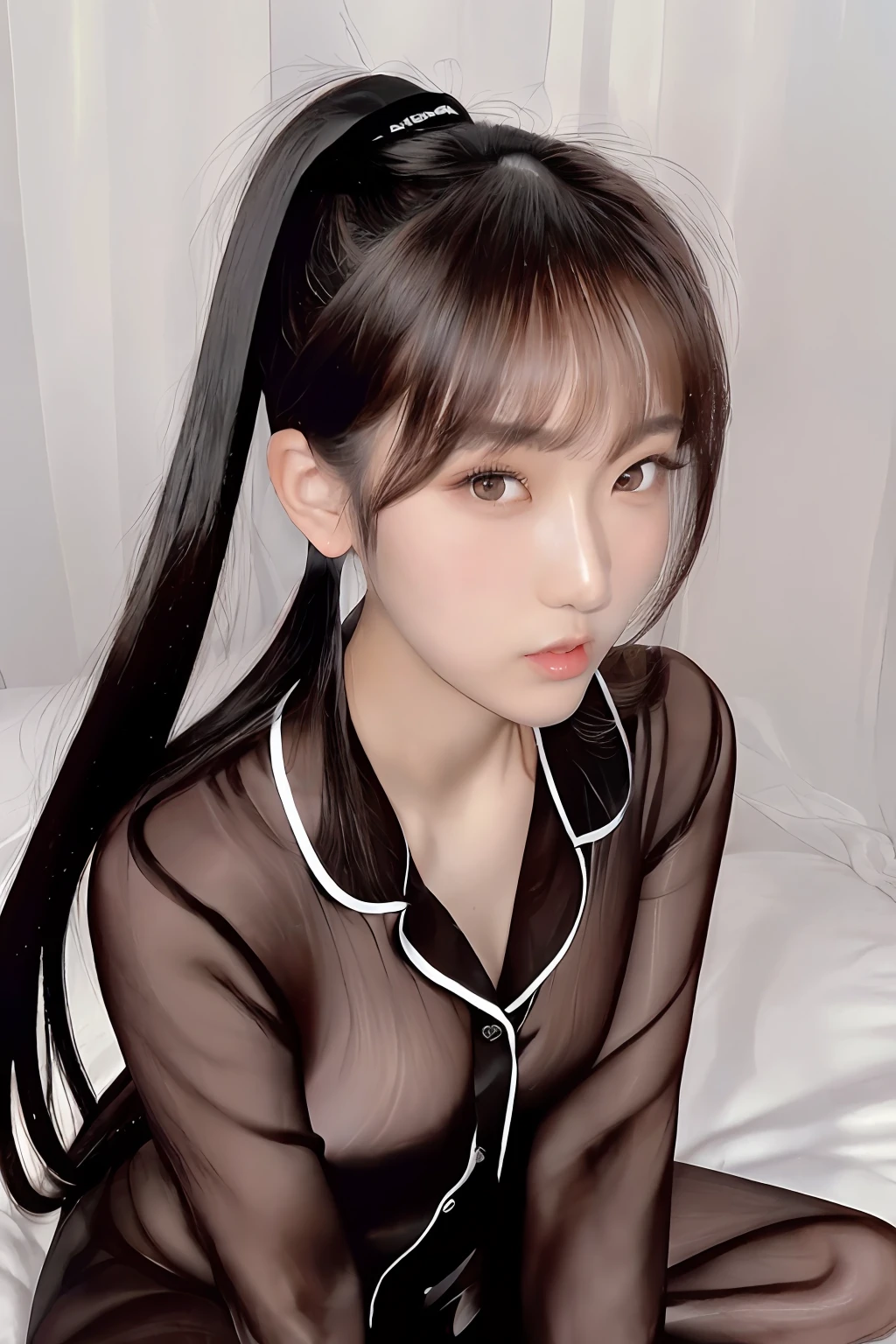 Masterpiece, (Most Realist: 1.5), Maximum Resolution, Maximum Face Resolution, Maximum Environmental Detail, Most Beautiful Women, , Japan Women, Japan Person, Teen Girl, Fair Skin, (Tie Cut Ponytail), Big Eyes, Beautiful Eyes, Short, Sexy Pajamas, Bright Face, Most Beautiful Nose, (Sitting in the bedroom: 1.4)