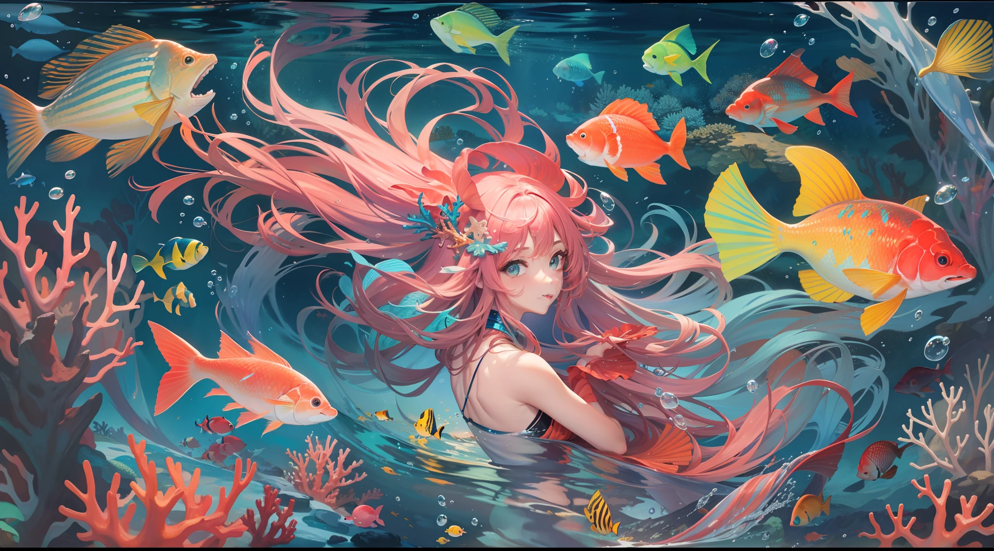 A mermaid looking at a colorful and diverse underwater world inside the sea，(ocean floor、Marine life、Beautiful coral reef、The fish),Messy painting style，Hair flows in water