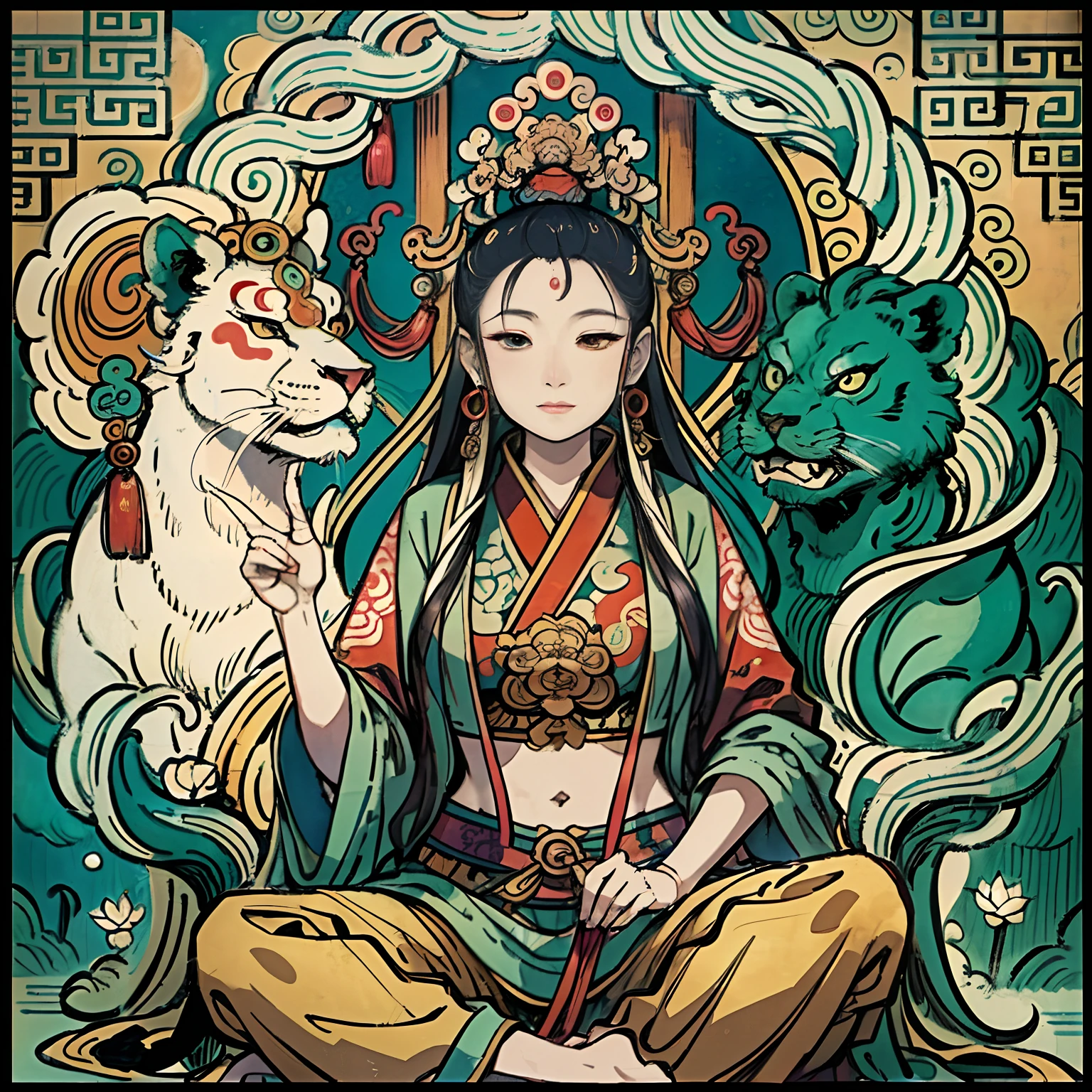 an ancient Chinese goddess, guanyin of the southern seas, Guanyin, Inspired by India, Avalokiteshvara rides a lion，,Serene expression,shui mo hua,Buddha,Buddhist,Lotus,Chinese painting style,Thangka style