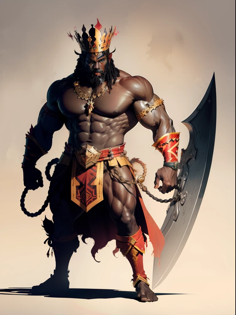 bits of color, Sketch book, hand drawn, dark, gritty, realistic sketch, Rough sketch, mix of bold dark lines and loose lines, bold lines, on paper, centered artwork, 2D vector, vivid red watercolor, turn around Character sheet, Full body, african tribal king, handsome Black Man, forte king, dungeon and dragons, Defined bulky muscles, African king clothes, crown of fire, flaming eyes, axes with neon lightning