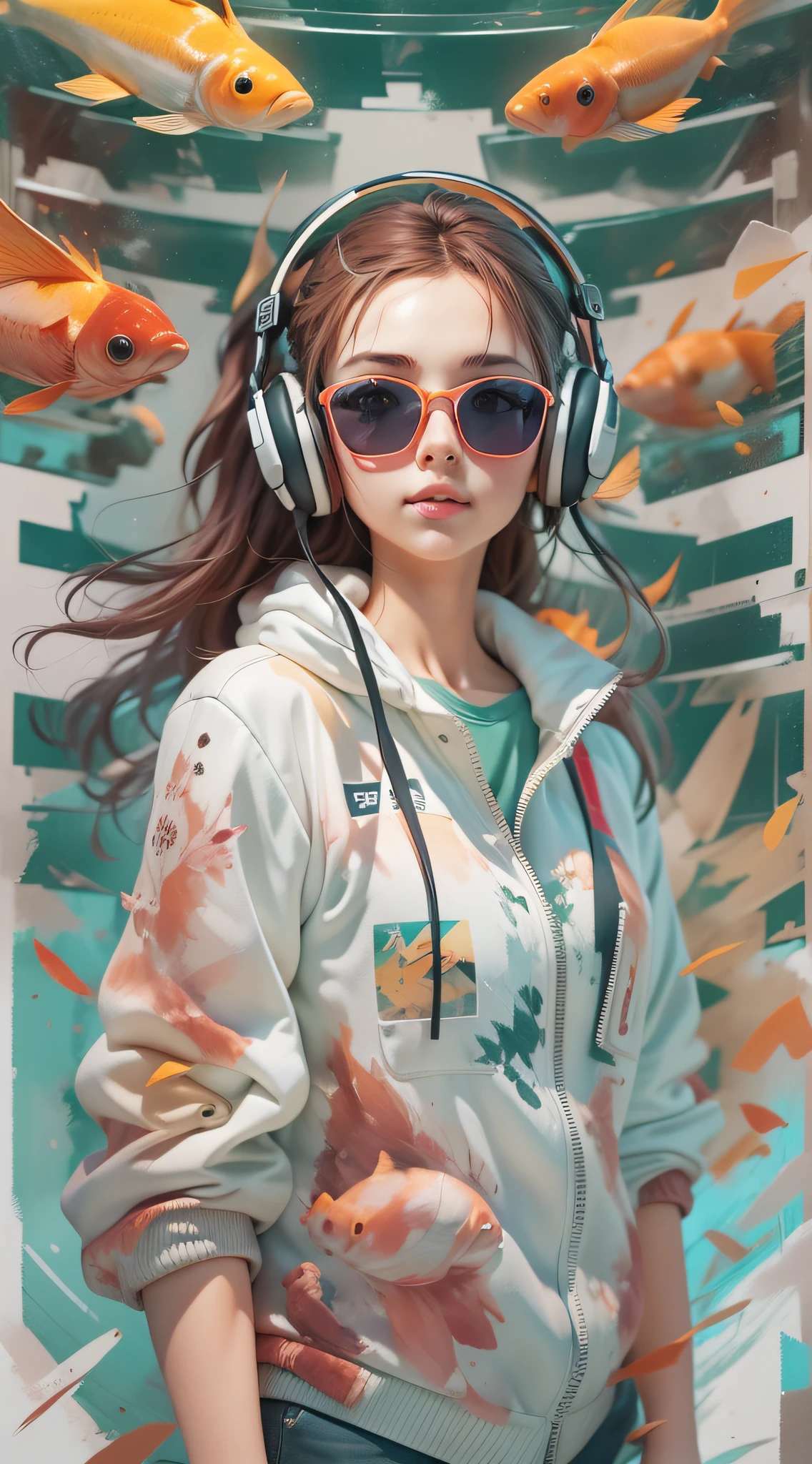 (Perfect centering+A colorful carp), Wear a student team jacket, Wearing sunglasses, Wearing headphones, cheerfulness, Standing position, Abstract beauty, Centered, Facing the camera, Looking at the audience, nearing perfection, Digital painting, art stations, concept-art, smooth, Sharp focus, 8K, high definition resolution, illustration, Art by Carne Griffiths and Wadim Kashin, White background