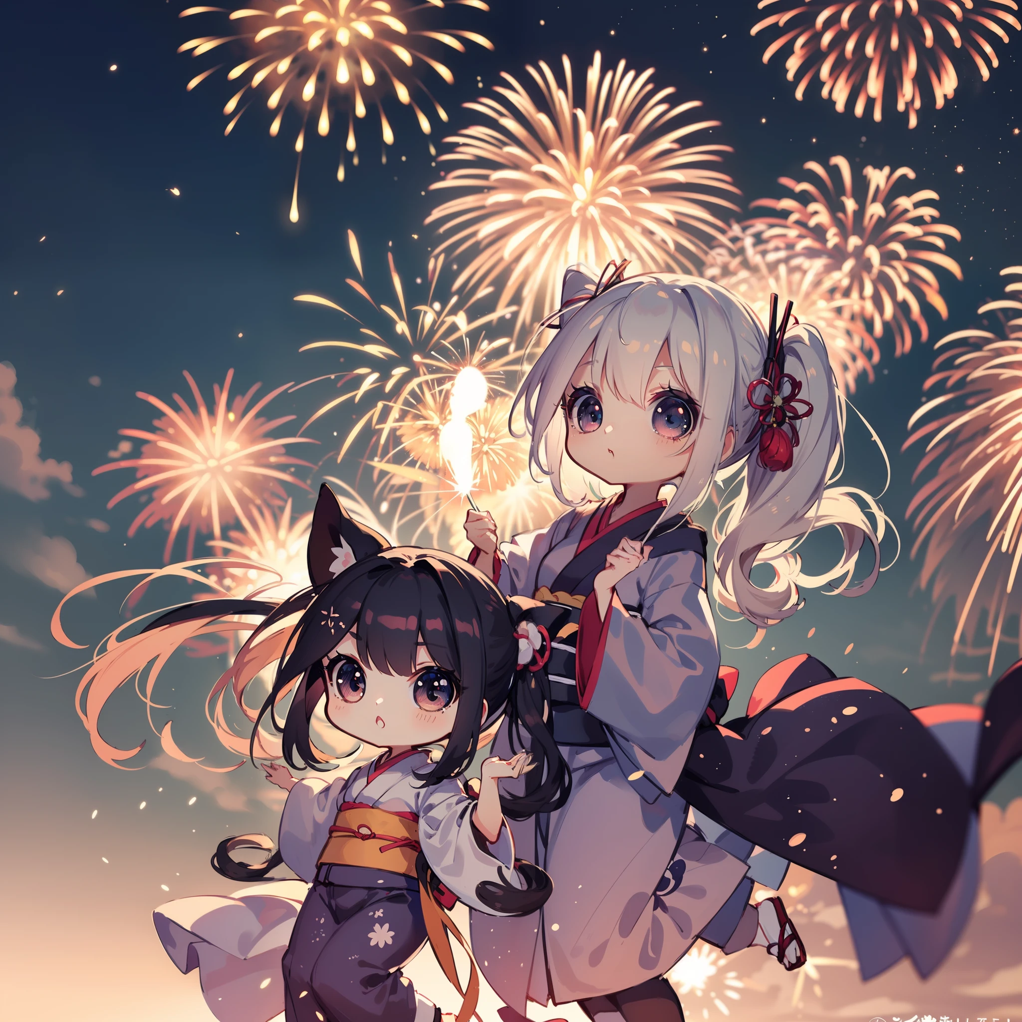 Chibi:1.8,girls,Kimono,Girl in Yukata,Blowing in the wind,Summer Festivals,natta,food stand,Spirit Stream,Big  Fireworks:1.7,Fireworks in the night sky:1.8,poney Tail,action:1.6,dynamic pose,dynamic angle,ground-level shot,low angle,full body shot,long shot,(masutepiece: 1.3), (exquisite detailing: 1.2), Delicate and beautiful details, (Eye Detail), (Facial Detailed), (Highest Quality) :1.4), (Hyper-Resolution: 1.2), (very detailed illustration),Best Quality,depth of fields, Wide light, natural shadows