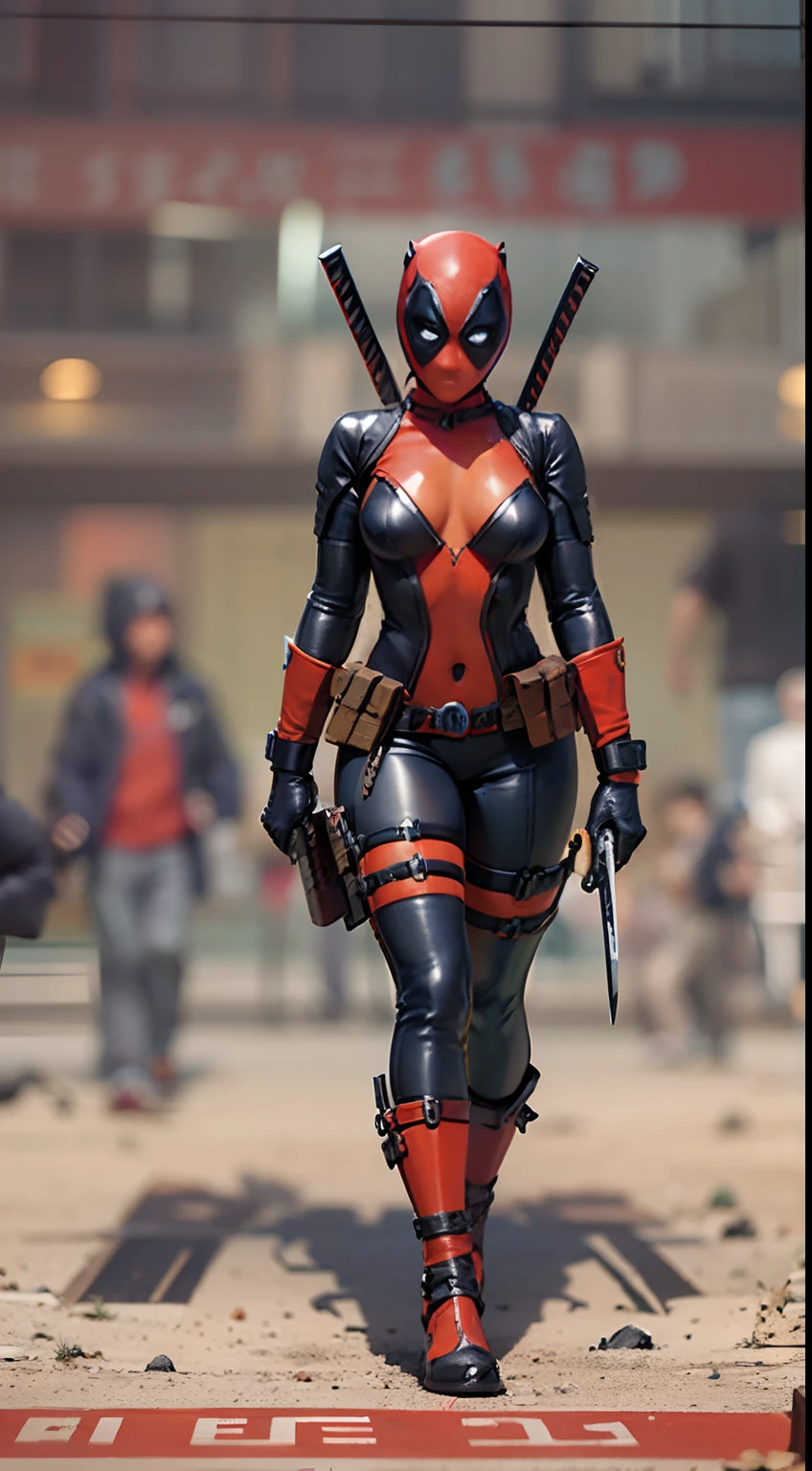 female Deadpool from Marvel, big breasts, frontal, full-length, looking at the camera, facing the audience, standing pose, heroic background, three-dimensional light, detailed full-body concept, sleek digital concept art, beautiful full-body concept art, art trend, CGsociety full-length,