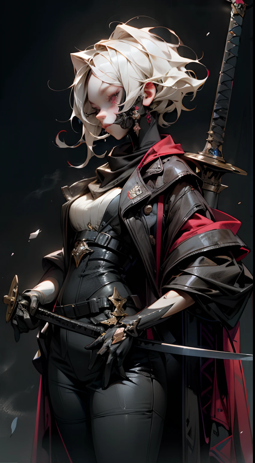 This is a hyper-detail、High resolution and superior quality CG Unity 8k wallpaper，The style is cyberpunk，principalmente preto e vermelho。Na foto, A beautiful girl with short hair with messy white hair appears，s rosto delicado，Using a steam wick mask，The eyes are equipped with high-precision infrared battlefield scanning mirrors，The woman holds a heavy giant sword in her hand，Ele usa um exoesqueleto mech