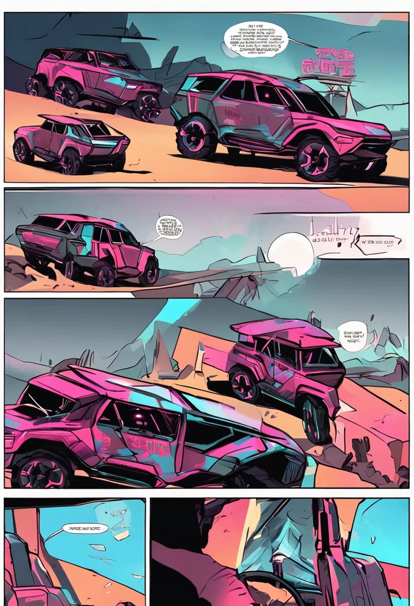 Imagine that，A stylish 2020s off-road vehicle traverses the Gobi under neon lights. The futuristic skyline shines with bright colors, Reflective of the shiny surface of the car. Embrace the thrill of futuristic technology and high-speed adventure in this exciting design.Fine，a gorgeous，rays of sunshine，Reflective，Mirror body