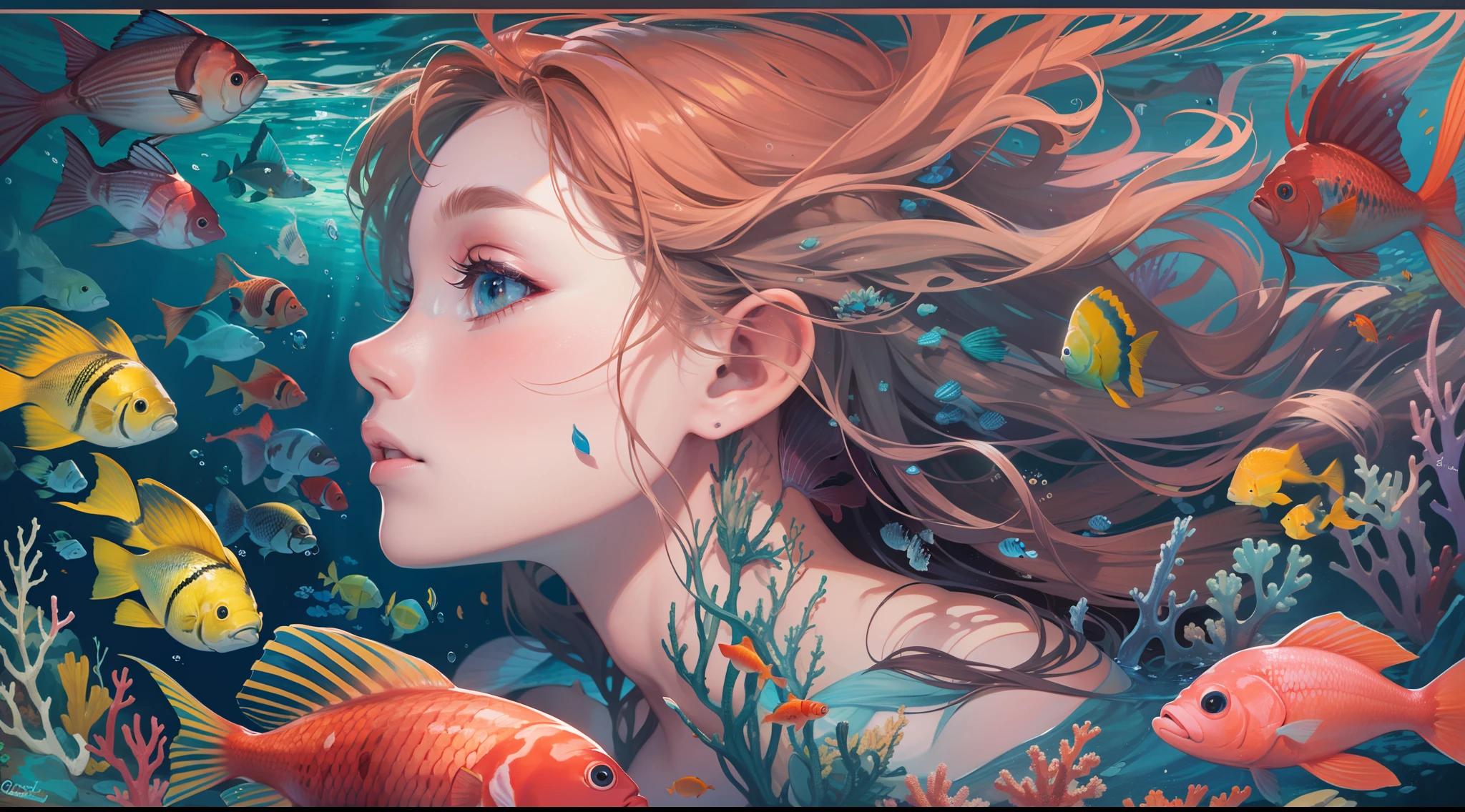 A mermaid looking at a colorful and diverse underwater world inside the sea，(ocean floor、Marine life、Beautiful coral reef、The fish),Messy painting style，Hair flows in water