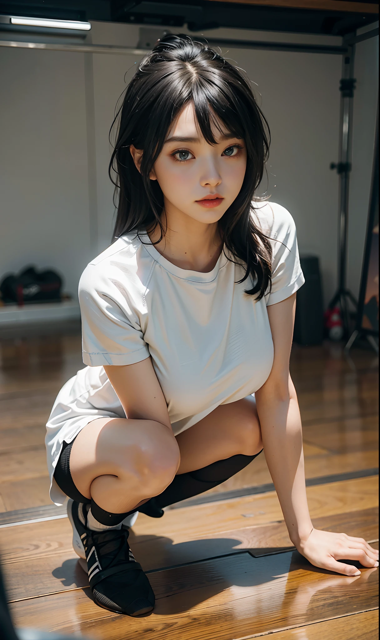 Realistic pretty Japanese imouto, dark hair tied, erotic, sleeveless chemise white sheer deep slit, pokies, flat chest, small breast, thigh, groin, crawling on floor, sweat, moist