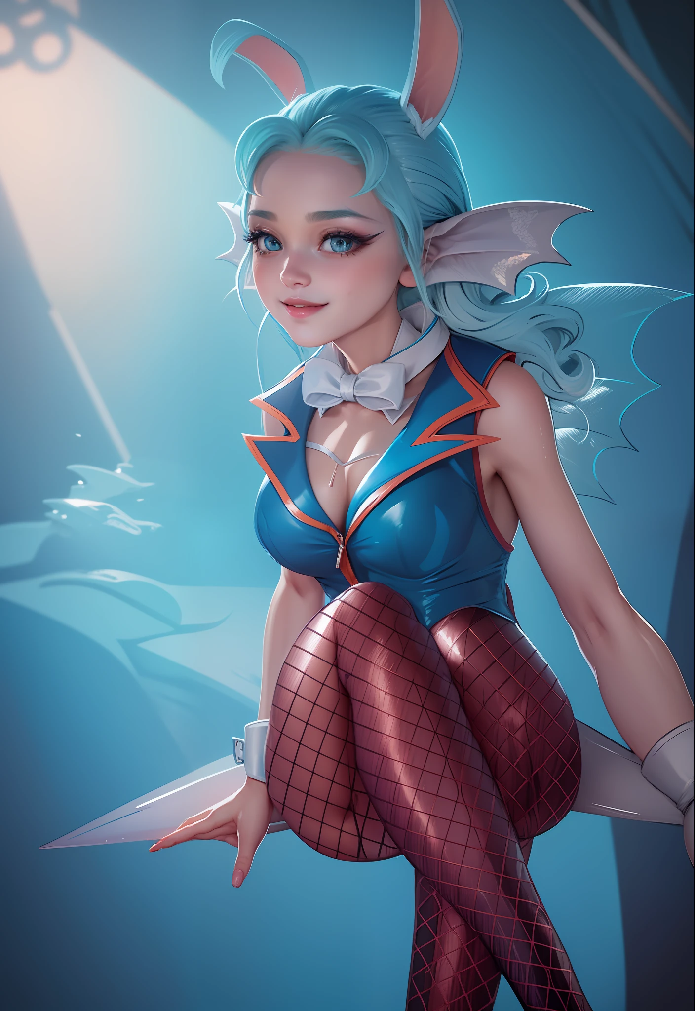 8K, High Definition, Animated, Beautiful, a small face, Beautiful, Bright, hair white, Eye Highlights, Sexy, Erotic, beautiful line art.orange fins on the back,、
light blue skin, Blue skin、Ears with orange fins, Bunny Girl, Bunny suit, Net tights on the legs, crossed legs, Smiling, Raised eyebrows, pink lipsticks,Black bunny suit、