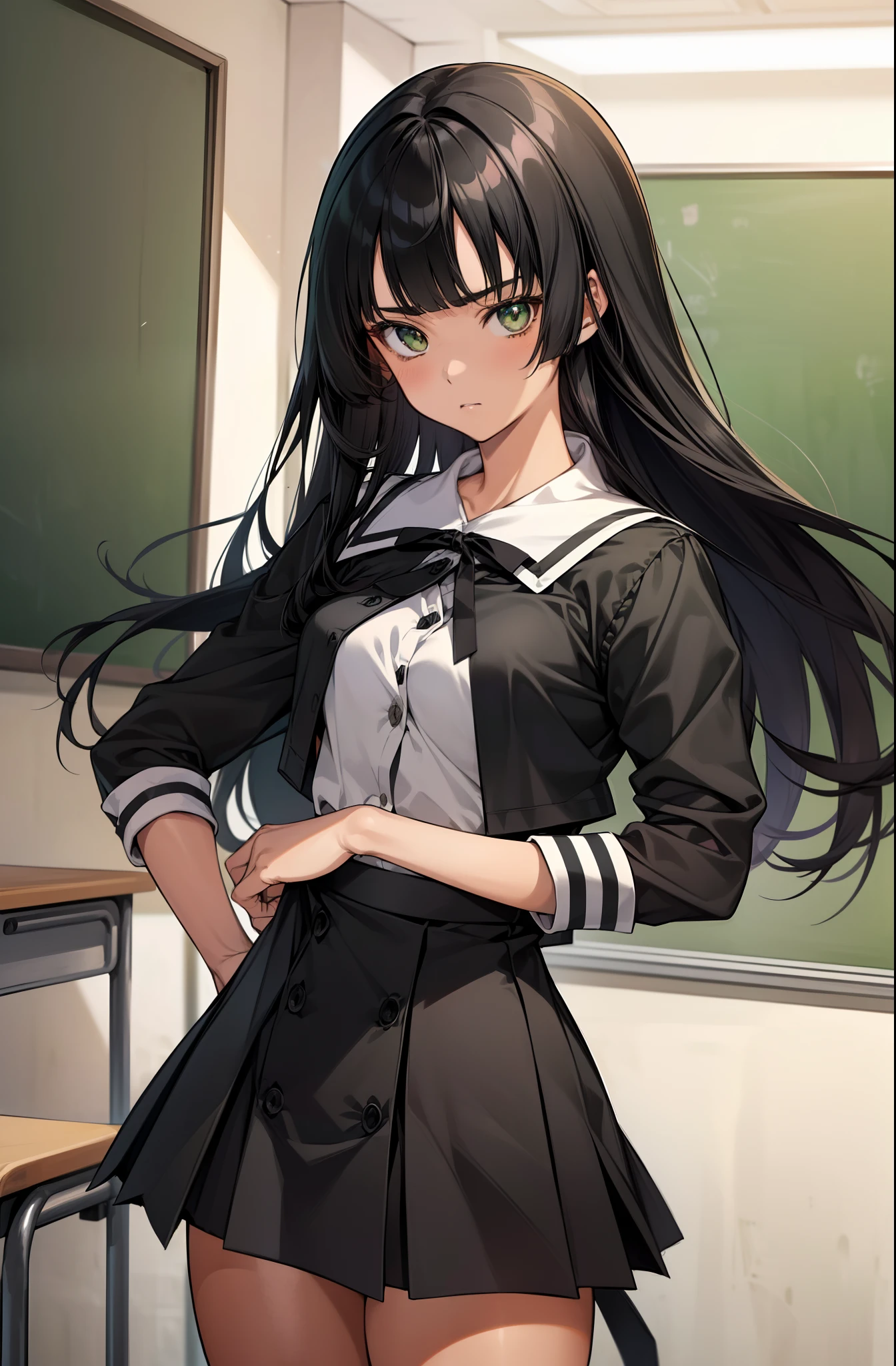 solo, (((anime girl with straight black hair))), (((with tan skin))), (((delinquent))), (((straight hair))), (((concave bangs))), (blank green eyes), (((neutral face))), ((blank facial expression)), school uniform, skirt, shadows over eyes, ((classroom in background)), ((high quality)), (extremely detailed)