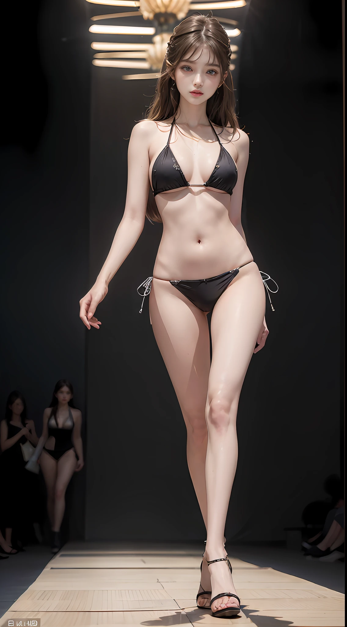 Top Quality, Masterpiece, 8K, Ultra High Definition, (Photorealistic: 1.4), 1 Girl, Beautiful Face, Symmetrical Eyes, Big, Perfect Body Proportions, Viewer's Look, (catwalk fashion:1.5), Front View, Absolute Area (1.3), ((string bikini)), (full body view),
