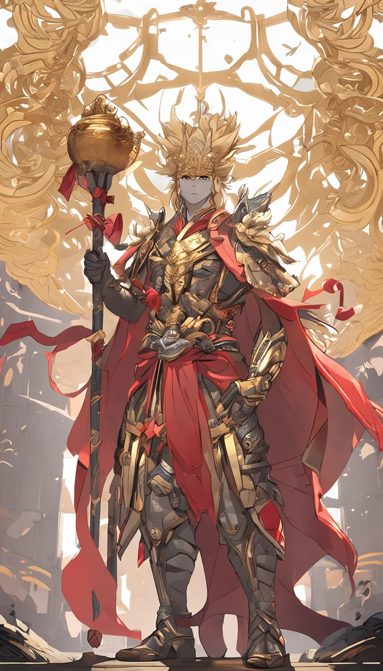 Anime figure,Journey to the West: Monkey King,Doll Monkey Man,The blonde hair fluttered,(golden headdress),(Simple helmet),Golden hoop rod in hand,Spark ashes burn, Wear contrasting armor, (standing full-body),((Faraway view)),(HD8K),ultra-wide-angle,The background is gorgeous,the original god, Demon anime Monkey King, Angel anime warrior,Fantasy Knight,Spread your black feathered wings,Mobile Genshin Influence, Anime 8 k, Anime fantasy illustration, Genshin Impact, Tough and cold character, Detailed key anime art, genshin impact, onmyoji portrait,Close-up of the golden hoop rod, Comic book epic artwork, Epic fantasy digital art style,Epic fantasy art style, 8K high quality detailed art, Epic fantasy art style HD, Faraway view,Behind him,This is a golden glowing magic array。,Purify the flame,HD anime visuals,full portrait of magical knight