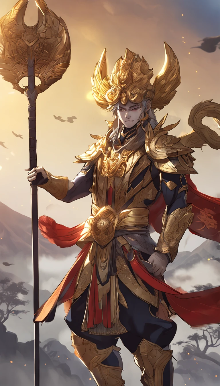 Anime figure，Journey to the West: Monkey King，Doll Monkey Man，The blonde hair fluttered，（golden headdress），（Simple helmet），Golden hoop rod in hand，Spark ashes burn, Wear contrasting armor, （standing full-body），（（Faraway view）），（HD8K），ultra-wide-angle，The background is gorgeous，the original god, Demon anime Monkey King, Angel anime warrior，Fantasy Knight,Spread your black feathered wings，Mobile Genshin Influence, Anime 8 k, Anime fantasy illustration, Genshin Impact, Tough and cold character, Detailed key anime art, genshin impact, onmyoji portrait，Close-up of the golden hoop rod, Comic book epic artwork, Epic fantasy digital art style,Epic fantasy art style, 8K high quality detailed art, Epic fantasy art style HD, Faraway view，Behind him，This is a golden glowing magic array。，Purify the flame，HD anime visuals，full portrait of magical knight