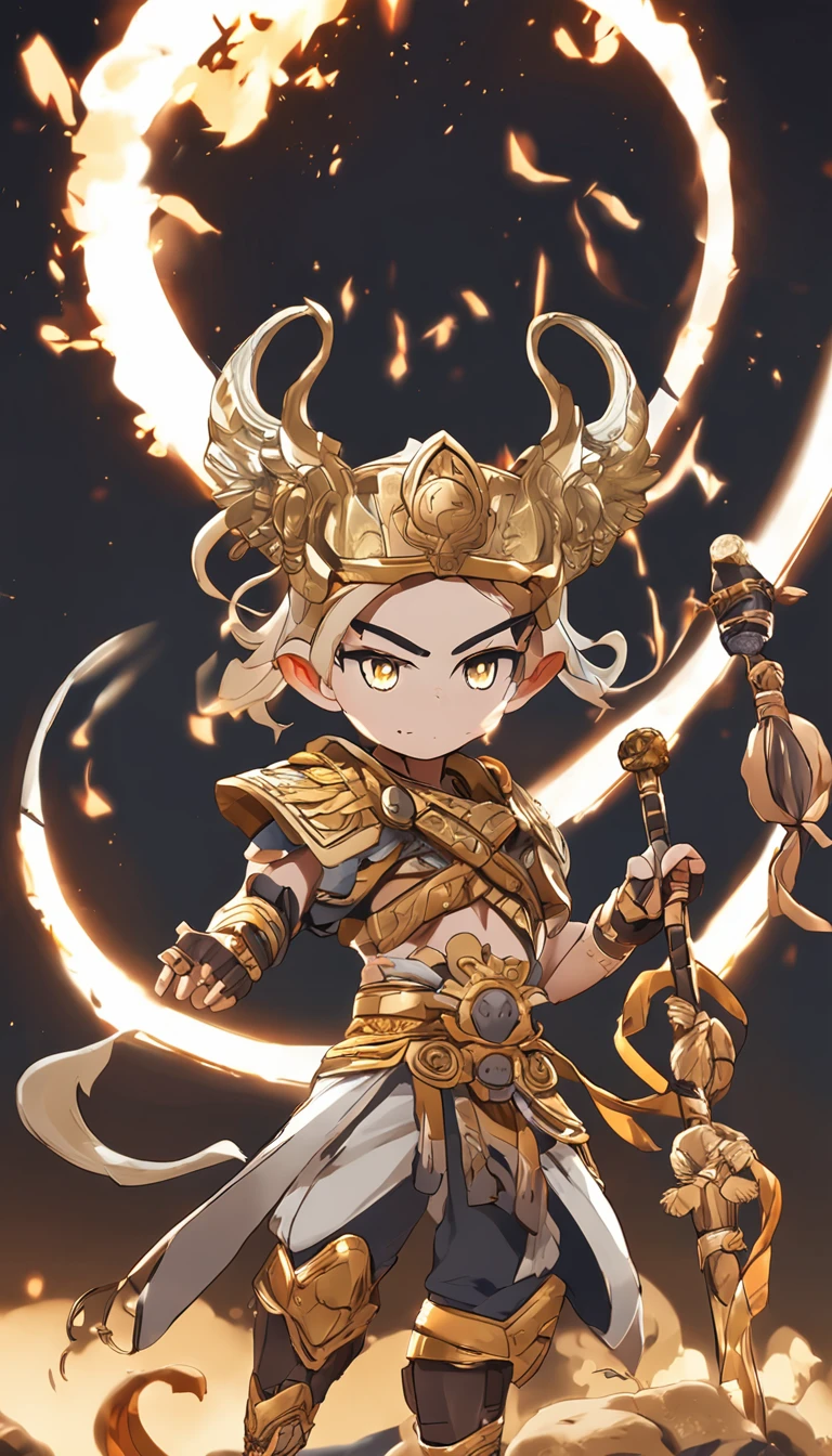 Anime figure,Journey to the West: Monkey King,Doll Monkey Man,The blonde hair fluttered,(golden headdress),(Simple helmet),Golden hoop rod in hand,Spark ashes burn, Wear contrasting armor, (standing full-body),((Faraway view)),(HD8K),ultra-wide-angle,The background is gorgeous,the original god, Demon anime Monkey King, Angel anime warrior,Fantasy Knight,Spread your black feathered wings,Mobile Genshin Influence, Anime 8 k, Anime fantasy illustration, Genshin Impact, Tough and cold character, Detailed key anime art, genshin impact, onmyoji portrait,Close-up of the golden hoop rod, Comic book epic artwork, Epic fantasy digital art style,Epic fantasy art style, 8K high quality detailed art, Epic fantasy art style HD, Faraway view,Behind him,This is a golden glowing magic array。,Purify the flame,HD anime visuals,full portrait of magical knight