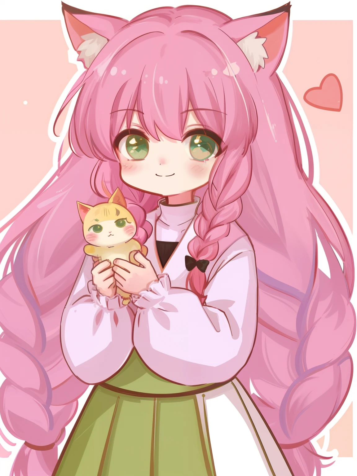 cat ear，s girl，white  skirt，Puffy sleeves，Lace，dual horsetail，Twist braids，A pink-haired，Green eyes，Sakura Kinomoto，adolable，quadratic element，Without background，ssmile，cheerfulness