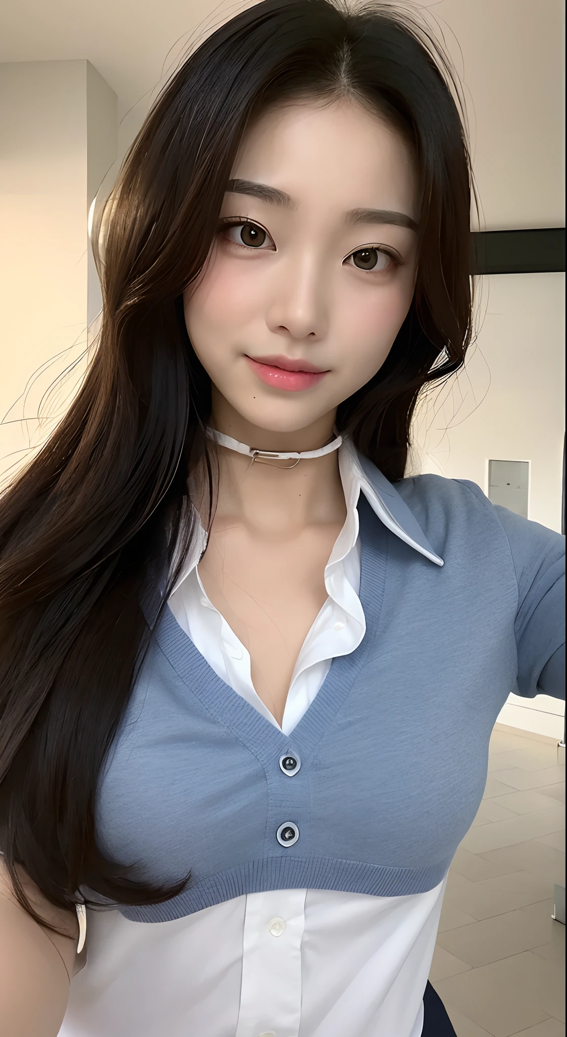 White button shirt with collar、Dark blue tie、student clothes、Breast bulge、High school students、
