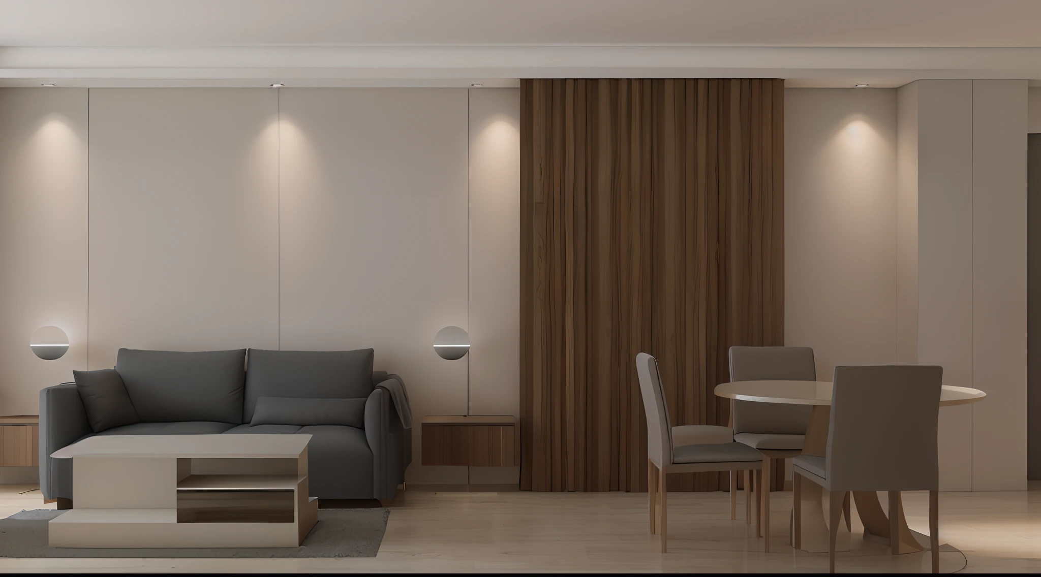 there is a living room with a couch, Table and chairs, rendered lighting, Silent lighting, well lit 3 d render, excellent 3d render, high quality 3d render, high quality 3 d render, very realistic 3 d render, neutral flat lighting, photoreal render, gentle ambient lighting, elegant render, very detailed render, living room interior,Matte natural oak floors