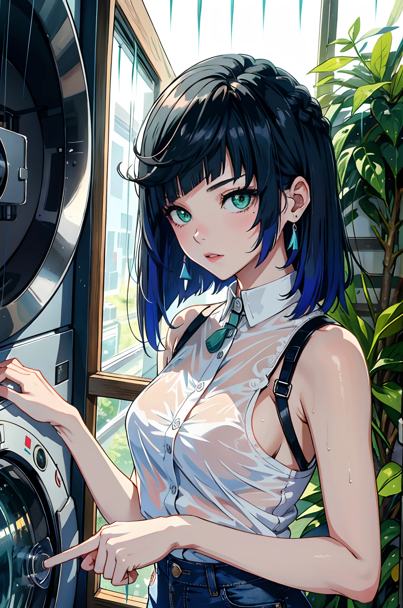 Best picture quality,tmasterpiece,超高分辨率,(Fidelity:1.4),photore,1girll,,white shirt,worn jeans,White sneakers,Pale green eyeballs,eyeslashes,beautiful pupil,eye shadows,Light blush,Delicate facial features,Reasonable facial features,(torn laundry:1.5),(wetclothes:1.4),Chest patch,exposed bare shoulders,Real rain,Wet hair