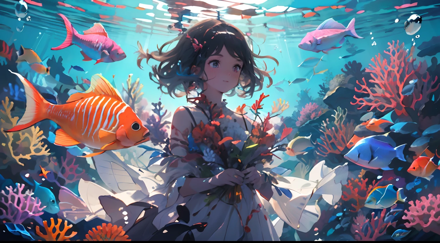 8k, super detail, ccurate, best quality, masterpiece, super detail, high details, Girl in white dress underwater,(ocean floor、Marine life、Beautiful coral reef、The fish),Messy painting style,Hair flows in water