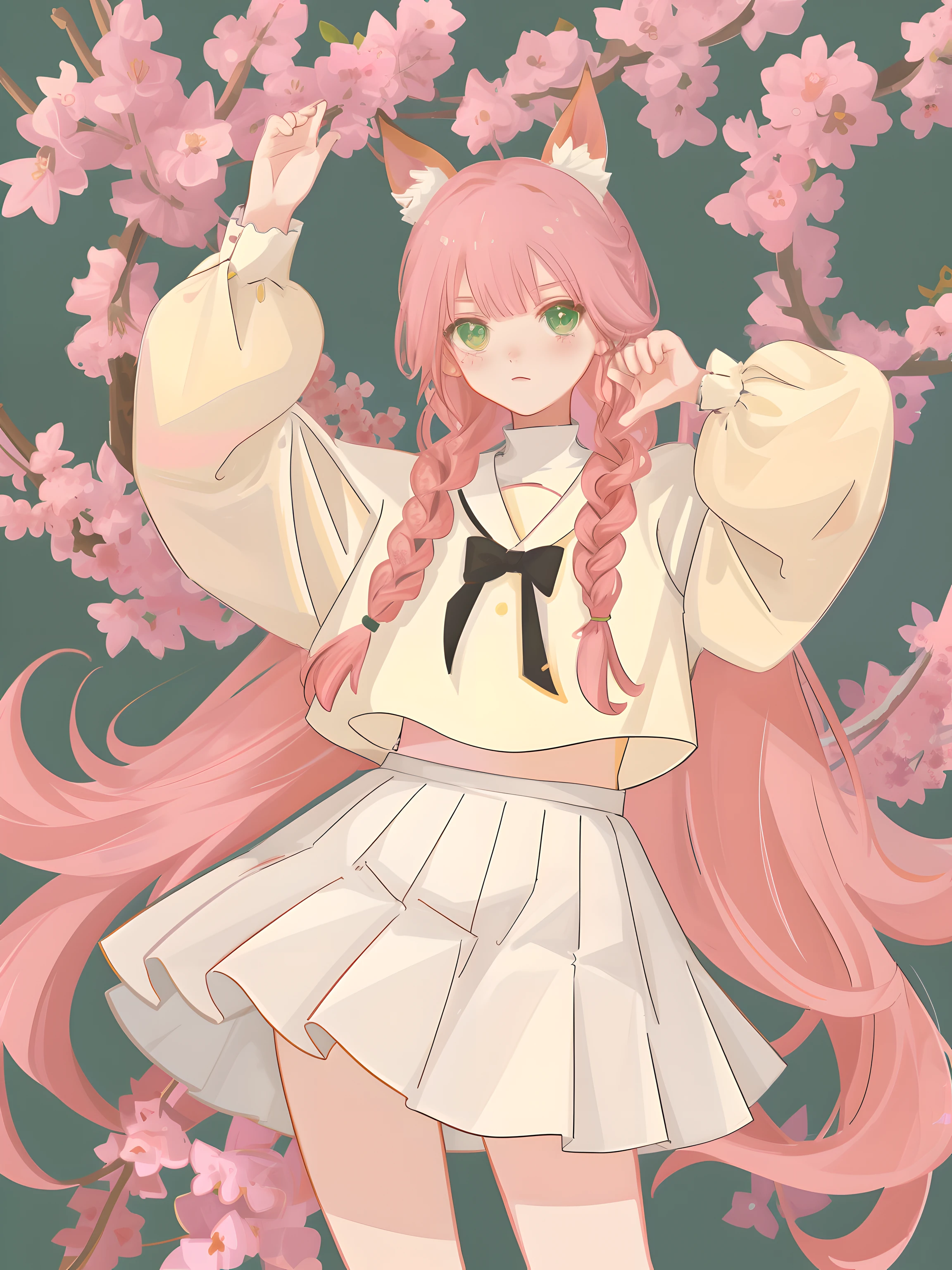 cat ear，s girl，white  skirt，Puffy sleeves，Lace，dual horsetail，Twist braids，A pink-haired，Green eyes，Sakura Kinomoto，adolable，quadratic element，Without background，