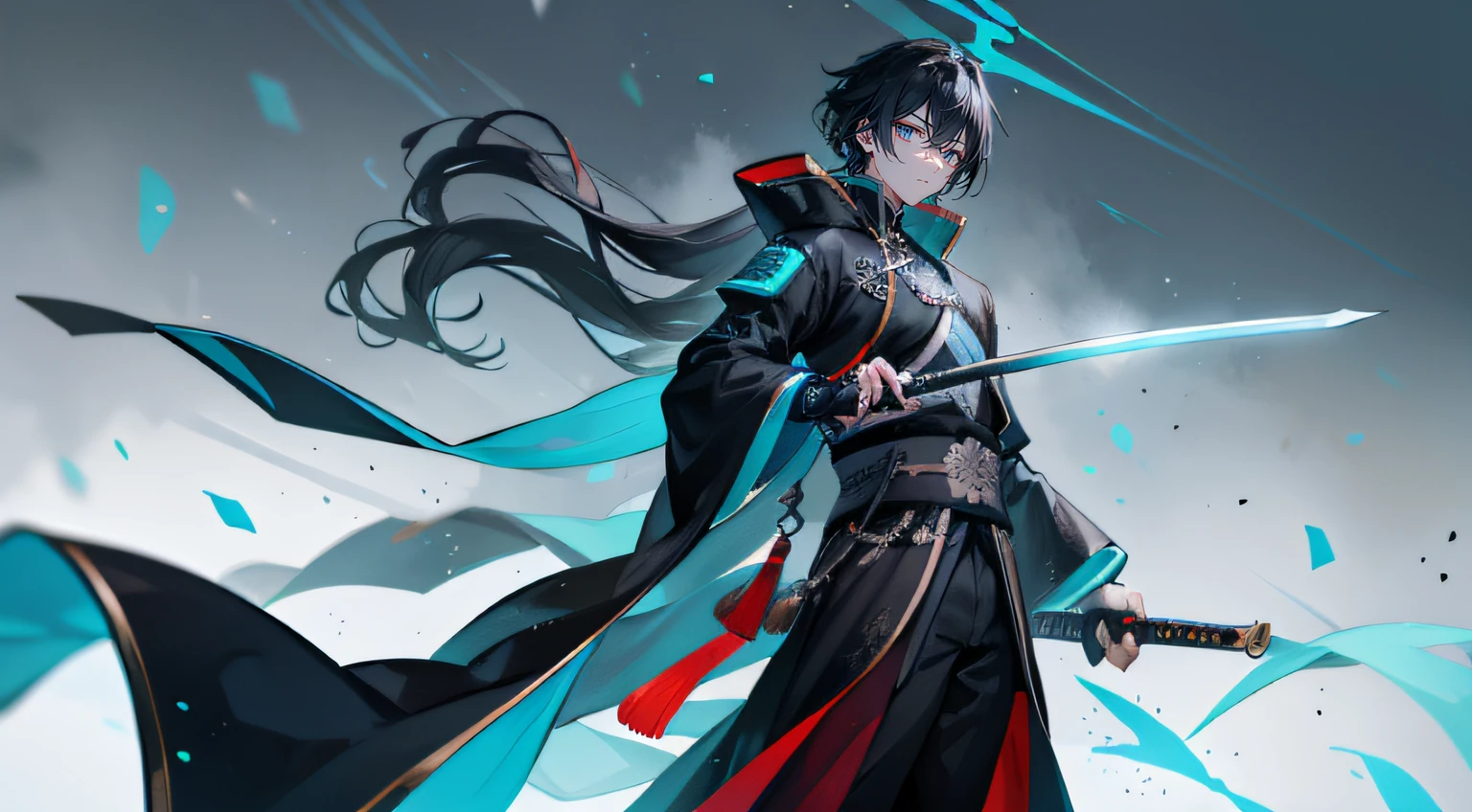 A young man，Dark cyan Hanfu，knight-errant，Long sword，Black eyes, Black hair，Chinese cyberpunk city，cloaks，Cornices walk the wall，Slash with a sword，Eyes