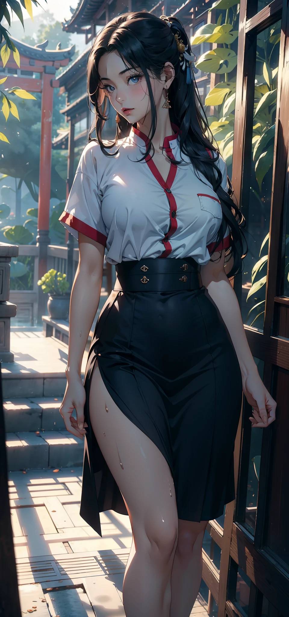 1female，摩洛解放阵线，，plum，Bigchest，big chest and thin waist，long leges， photo exposure， 独奏，（Background with：at a forest，the rainforest，in summer） She has long black hair，Redlip，Stood up，seen from the front， bobo head，hair straight， The sky is mostly cloudy，（（（tmasterpiece），（Very detailed CG unified 8k wallpaper），Best quality at best，电影灯光，detailed back ground，Beautiful right eye pupil，（very delicate beautiful），（Beautiful and detailed eye descriptions），ultra - detailed，tmasterpiece，）），facing at the camera，A high resolution，ultra - detailed），Pubic hair shows through，device， a little bit chubby，overmany，Camel toes，nipple bump（dressed in：nurse hat，Dark blue transparent nurse uniform，nakenesare）