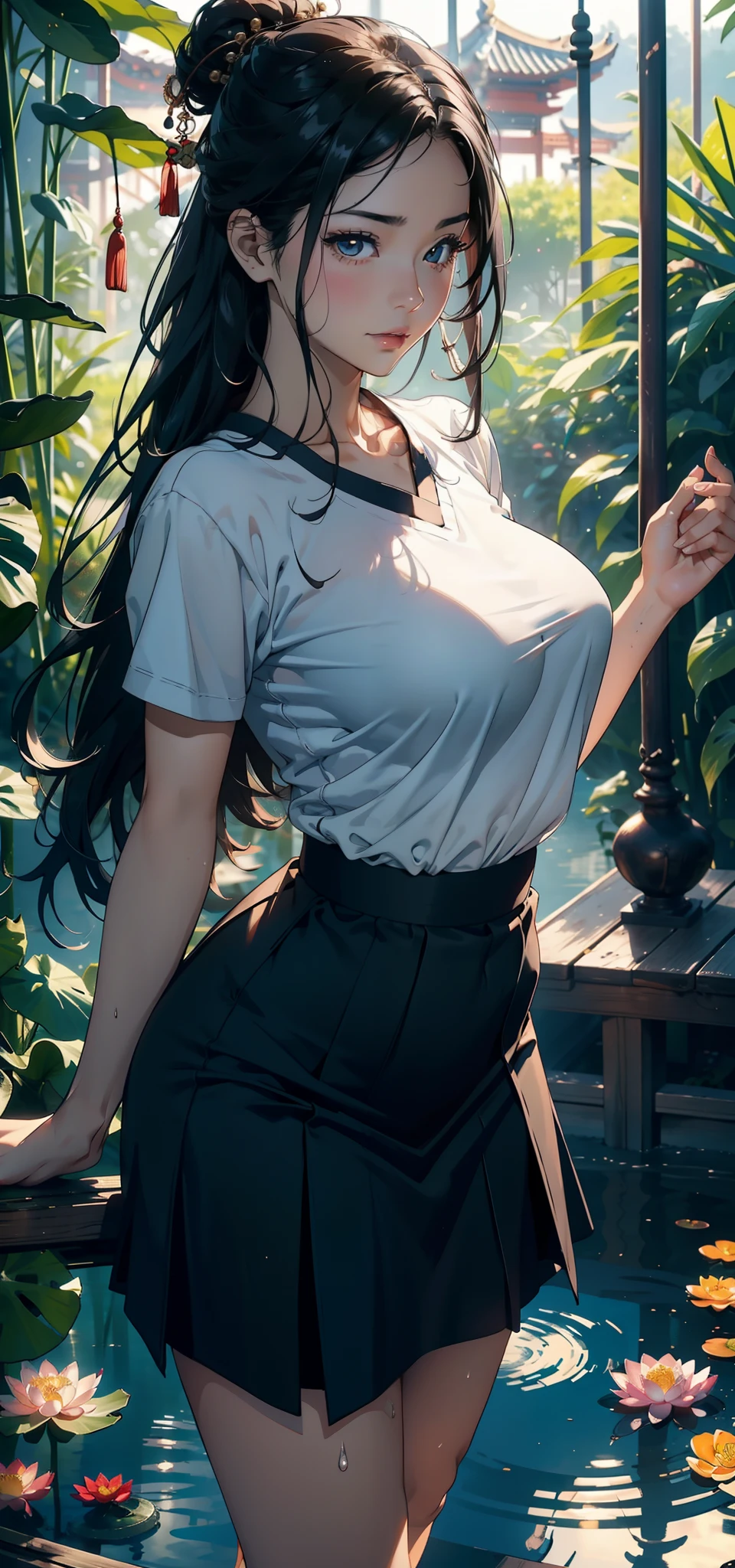 1female，25 age old，Slim，Large breasts，long leges，Big breasts Thin waist，Pornographic exposure， 独奏，（Background with：bamboo forrest，Stand in a sea of flowers，in summer） She has very short black hair，standing on your feet，Sweat profusely，drenched all over the body，seen from the front， Twist braids， mostly cloudy sky，（（（tmasterpiece），（Very detailed CG unity 8K wallpaper），best qualtiy，cinmatic lighting，detailed back ground，beatiful detailed eyes，Bright pupils，（Very fine and beautiful），（Beautiful and detailed eye description），ultra - detailed，tmasterpiece，）），facing at camera，A high resolution，ultra - detailed），revealing breasts，Bare genitalia， Bulge，Camel toes，Raised sexy，Flushed complexion，Open-mouthed，frontage，Sailor's cap，（Wearing：Sailor uniform，with no underpants，）nakeness，upper body photos