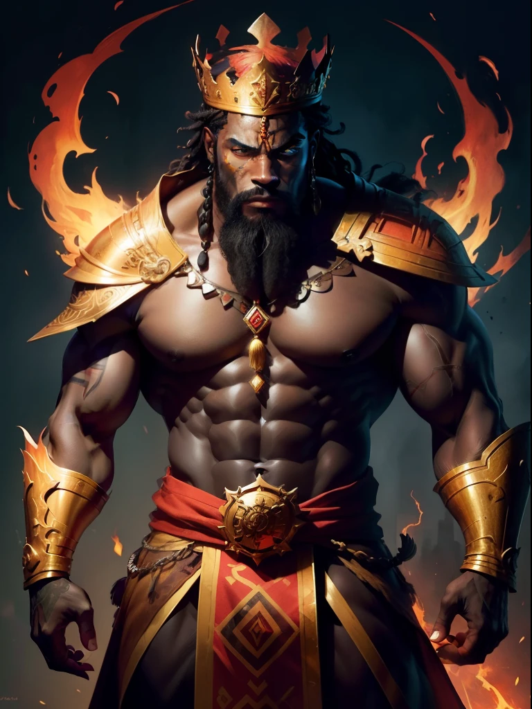 Tall and angry Hercules King, huge body, hair upside down, feet on two villains, a man and a woman. Full body on fire, fire in the sky, (masterpiece), best quality, super high resolution, close-up, colorful fire, photon mapping, radiosity, physically based rendering, cinematic lighting, complex, high detail, sharp focus, dramatic, realistic --auto