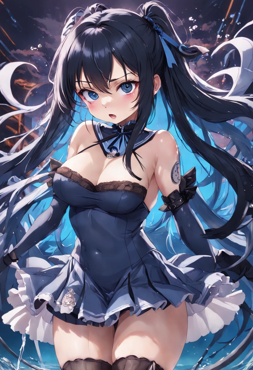 (Tentacle), schoolgirls, Long hair, Black hair, hair adornments, sweeping bangs, pony tails, Beautiful detailed eyes, move, saliva, Blue eyes, Semi-closed Eyes, breasts out, moles on breast, a skirt, No bra, fishnet thighhighs, shoes , Undressing, torture,