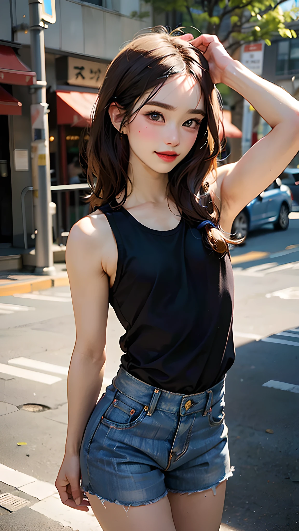 (Excellent photo of a beautiful Japanese Lady),
((highly detailed, best quality)),(photorealistic:1.2),8k,(high resolution),(depth of field:1.2),(character focus),perfect anatomy,(professional lighting),
(1girl),(young),(arm up),
looking at viewer,(walking),
((beautiful detailed eyes)),(narrow face:1.2),thick eyebrows,(falling eyebrows),(tareme:1.2),(blue eyeshadow),big eyes,(brown eyes:1.3),
(smiling),blush,(super detailed skin),
(parted lips:1.1),(plump lips:1.2),(glossy lips),(lipstick)
braid,(black medium hair),(pulled back hair),((wide forehead)),(slender:1.2),
(ideal ratio body proportions:1.1),(tall body:1.2),attractive thighs,attractive waist circumference,
(flat chest:1.35), (nipples visible through clothes),(muscular:1.25)
(denim shorts),(tank top),naval,public hair,(crotch bulge:1.45),
street,