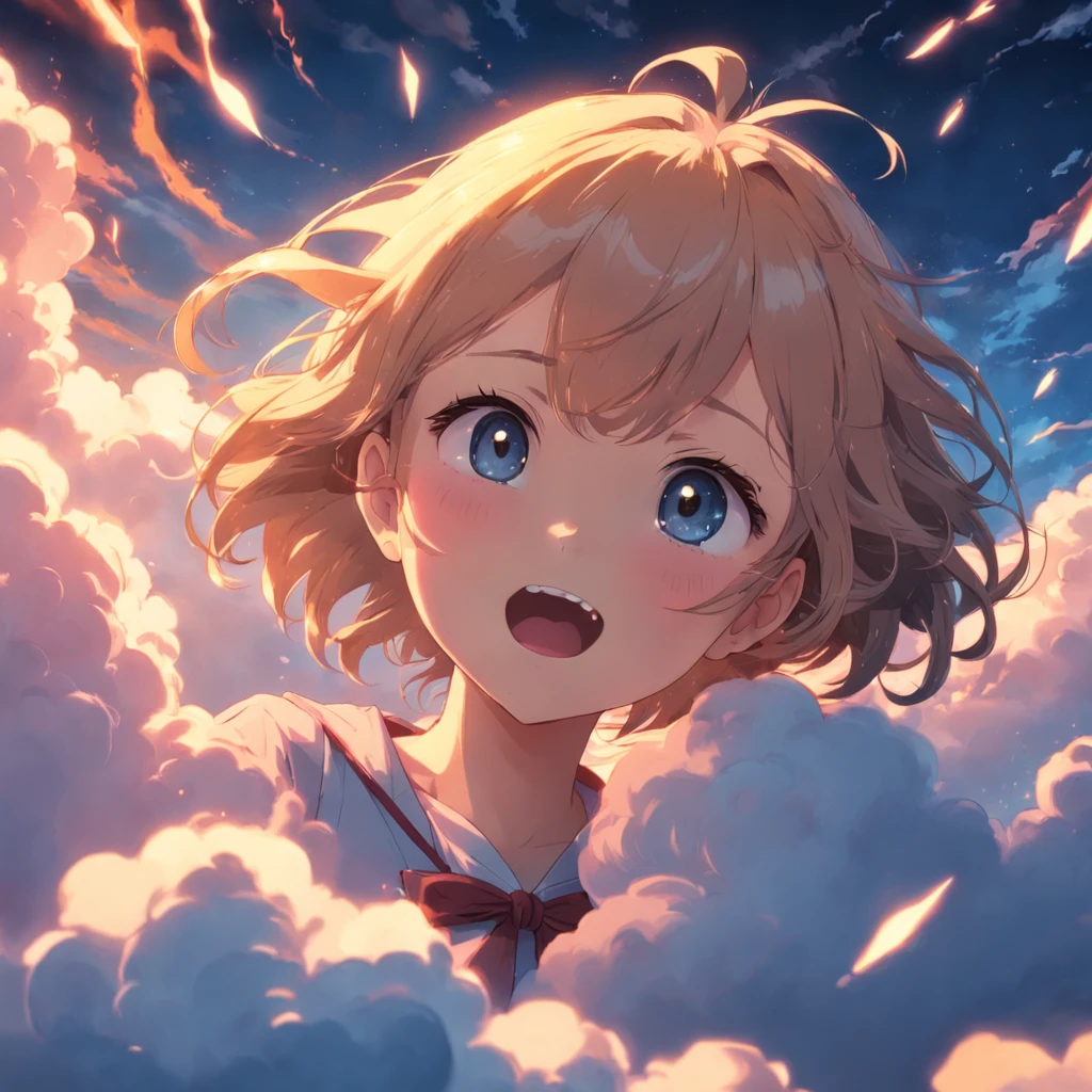 masterpiece, best quality, movie still, 1girl, cloud girl, floating in the sky, close-up, bright, happy, warm soft lighting, sunset, (sparks:0.7)