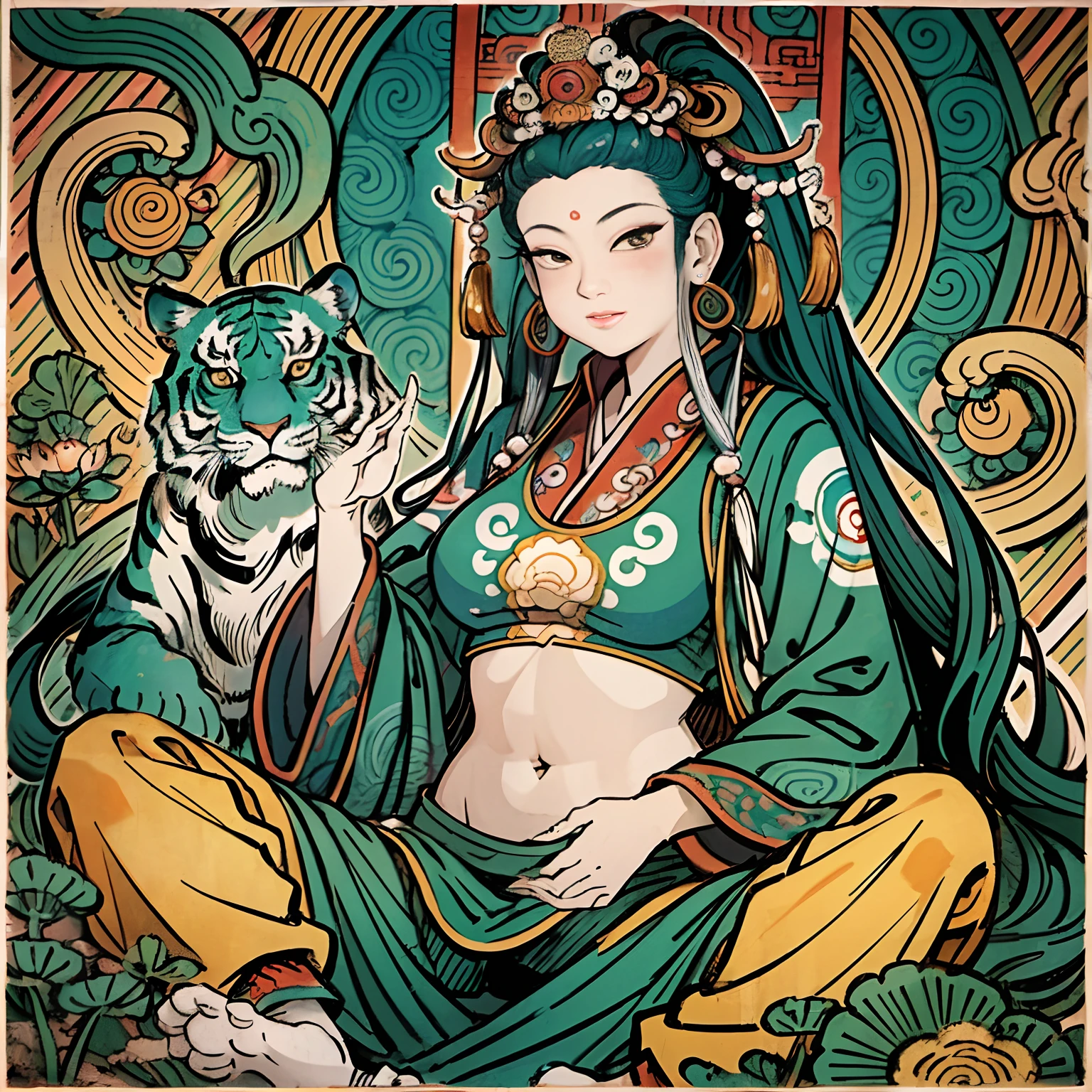 an ancient Chinese goddess, guanyin of the southern seas, Guanyin, Inspired by India, Avalokiteshvara rides a tiger,,Serene expression,shui mo hua,Buddha,Buddhist,Lotus,Chinese painting style,Thangka style