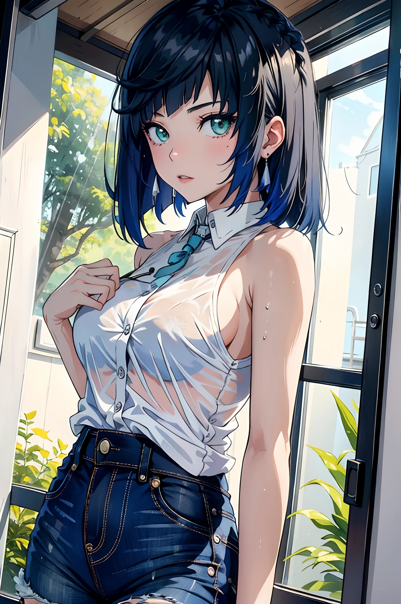 Best picture quality，tmasterpiece，超高分辨率，（Fidelity：1.4），photore，1girll，，white  shirt，worn jeans，White sneakers，Pale green eyeballs，eyeslashes，beautiful pupil，eye shadows，Light blush，Delicate facial features，Reasonable facial features，（torn laundry：1.5），（wetclothes：1.4），Chest patch，exposed bare shoulders，Real rain，Wet hair
