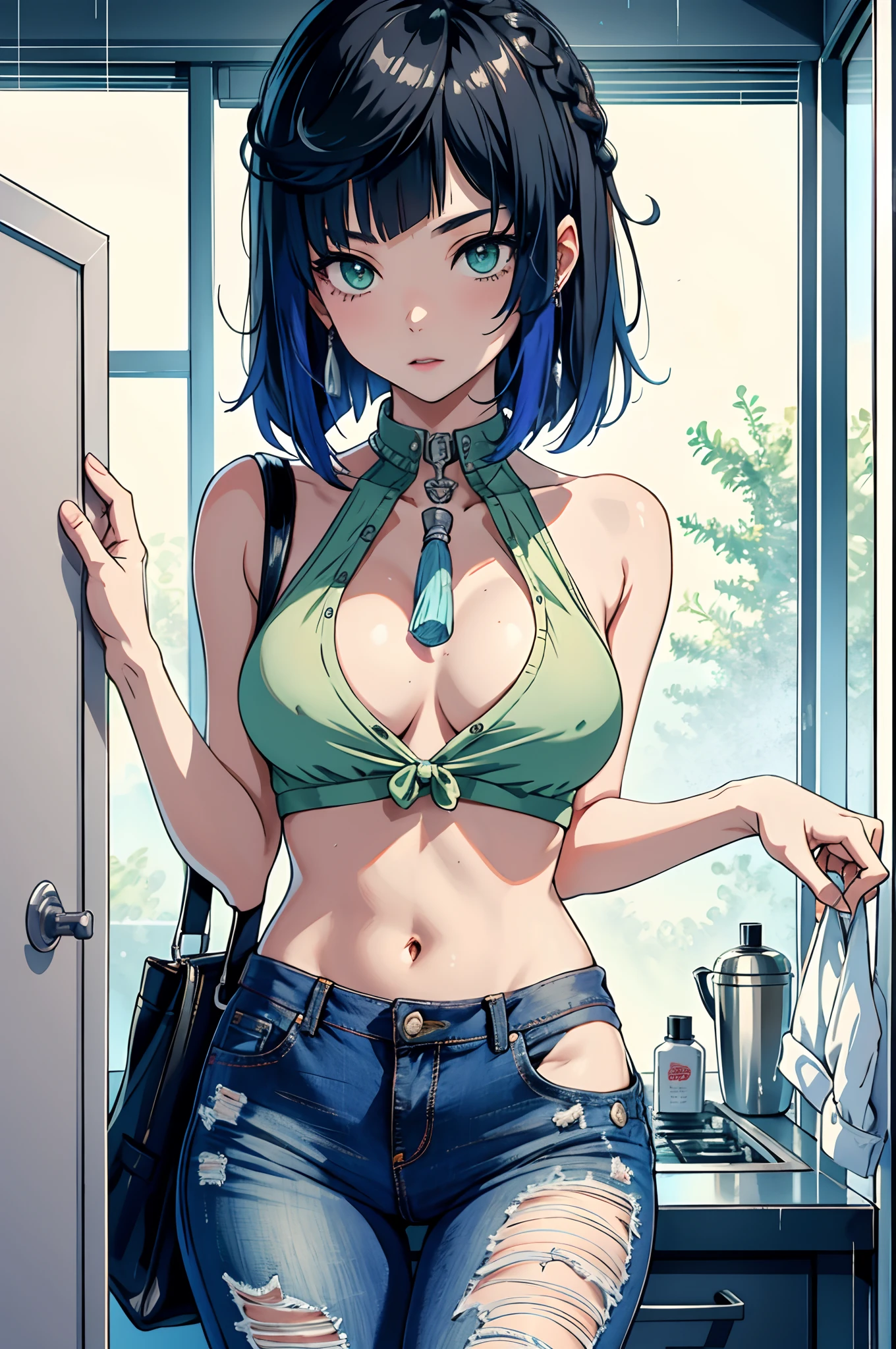 Best picture quality,tmasterpiece,超高分辨率,(Fidelity:1.4),photore,1girll,,white shirt,worn jeans,White sneakers,Pale green eyeballs,eyeslashes,beautiful pupil,eye shadows,Light blush,Delicate facial features,Reasonable facial features,(torn laundry:1.5),(wetclothes:1.4),Chest patch,exposed bare shoulders,Real rain,Wet hair