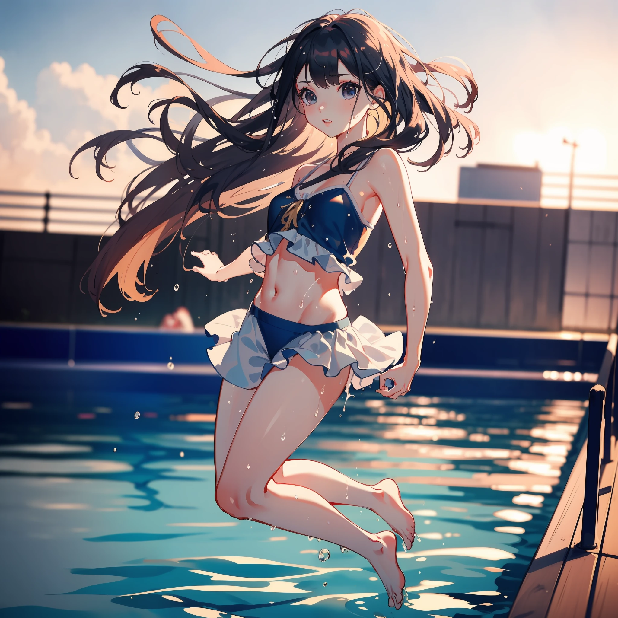 Wearing sweat,dynamic range,low angle,full body shot,medium shot:1.8,Mid summer,dynamic pose,The bikini,Night Pool:1.8,action:1.6,jumping into the pool,Blowing in the wind:1.5,Wet hair:1.3,2 girls, (Raw photo: 1.2), (Realism: 1.4), (masutepiece: 1.3), (exquisite detailing: 1.2), kiss,Delicate and beautiful details, (Eye Detail), (Facial Detailed), (Highest Quality) :1.4), (Hyper-Resolution: 1.2), cinematric light, (very detailed illustration), Best Quality,depth of fields, Wide light, natural shadows