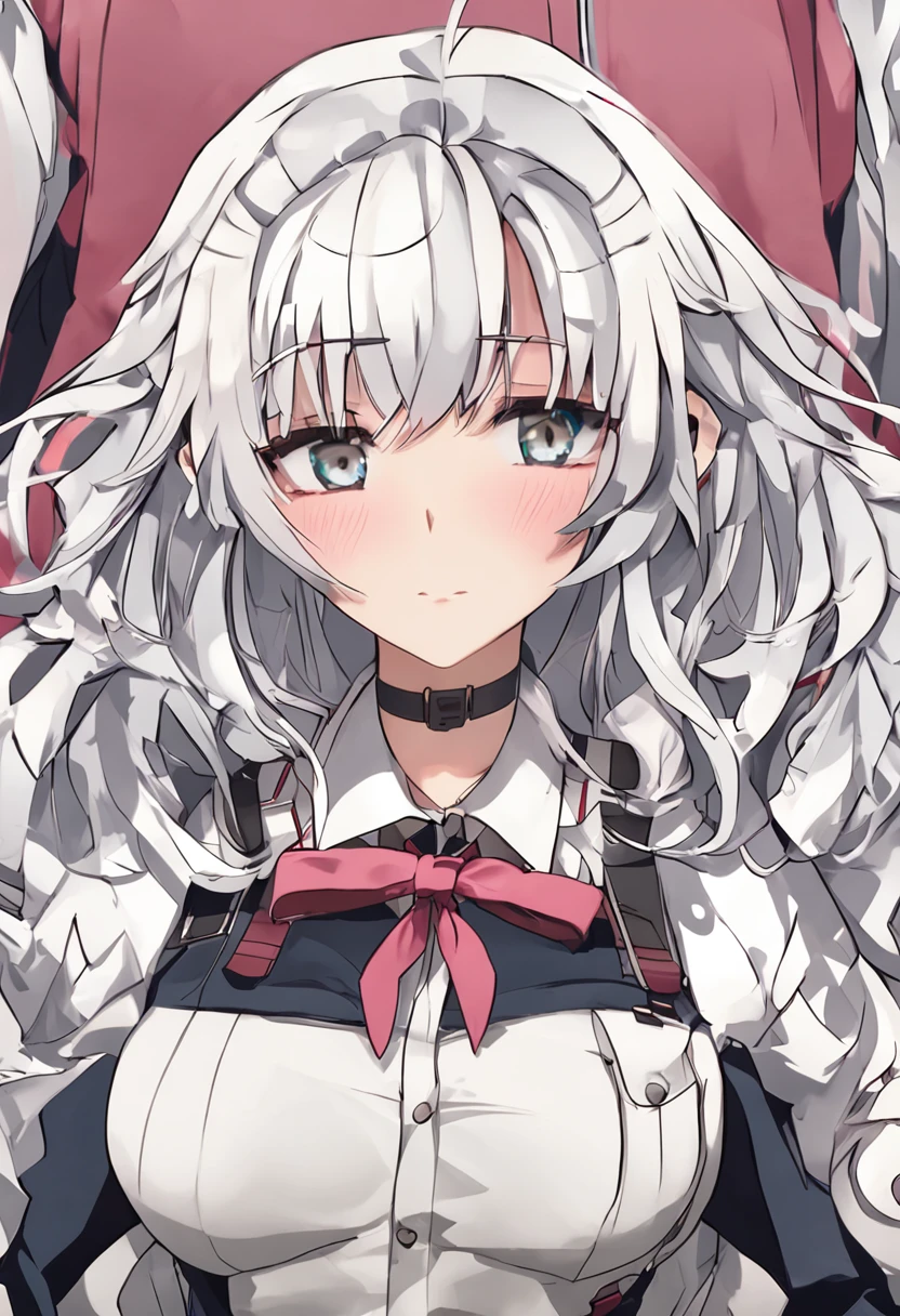 8k resolution,full body,POV,prefect face,female,girl,solo,angel,goddess,student,empty eyes,thick eyebrows,pout,serious,grin,short hair,white hair,hair bow,choker,jacket,school uniform