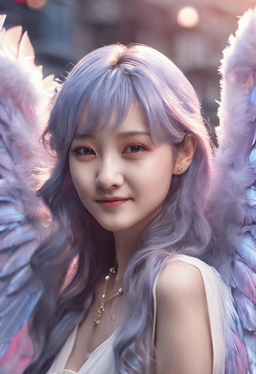 korean kpop cute smile, blue hair neon color arafed woman with angel wings posing for a picture in a city, young wan angel, of an beautiful angel girl, of beautiful angel, beautiful angel, girl with angel wings, portrait of a beautiful angel, beautiful female angel, with beautiful wings, beautiful angel girl portrait, winged girl angel, angel girl, angelic wings on her back, angelic, wide angel