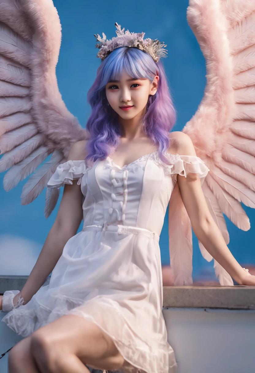 16 years old korean kpop cute smile, blue hair neon color arafed woman with angel wings posing for a picture in a city, young wan angel, of an beautiful angel girl, of beautiful angel, beautiful angel, girl with angel wings, portrait of a beautiful angel, beautiful female angel, with beautiful wings, beautiful angel girl portrait, winged girl angel, angel girl, angelic wings on her back, angelic, wide angel