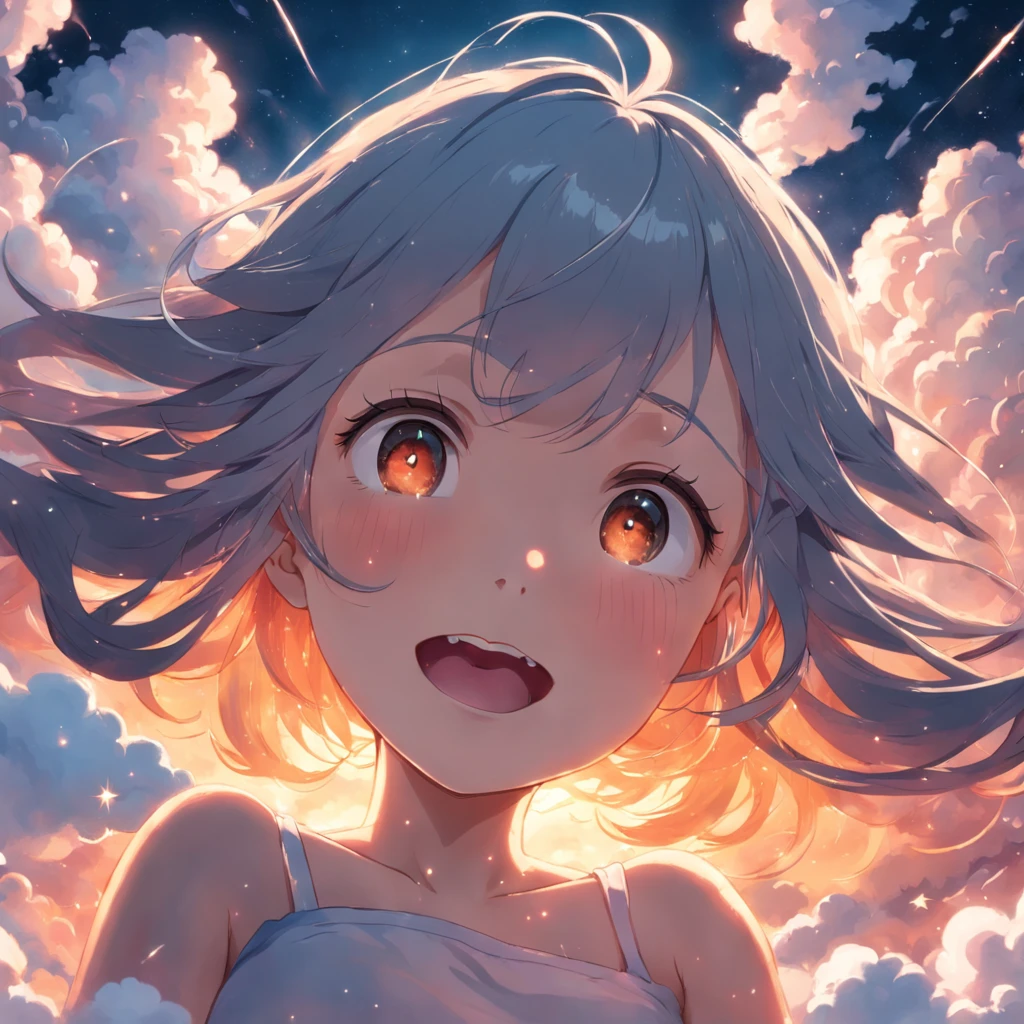 masterpiece, best quality, movie still, 1girl, cloud girl, floating in the sky, close-up, bright, happy, warm soft lighting, sunset, (sparks:0.7)