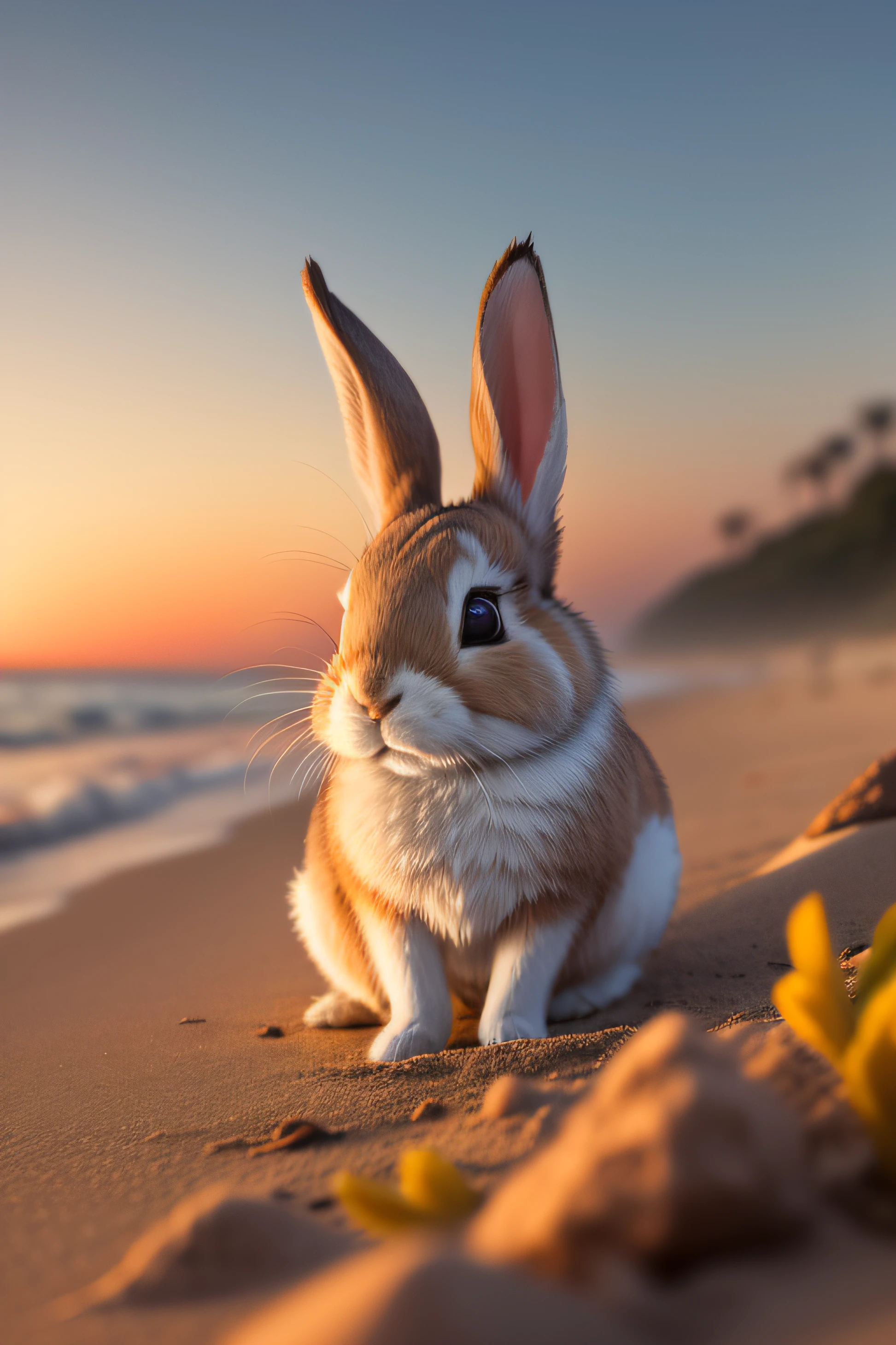 Close-up photo of a little rabbit lying on the beach,macro,clean backdrop,depth of fields,largeaperture,photography of,volume fog,Halo,blooms,Dramatic atmosphere,in the early morning