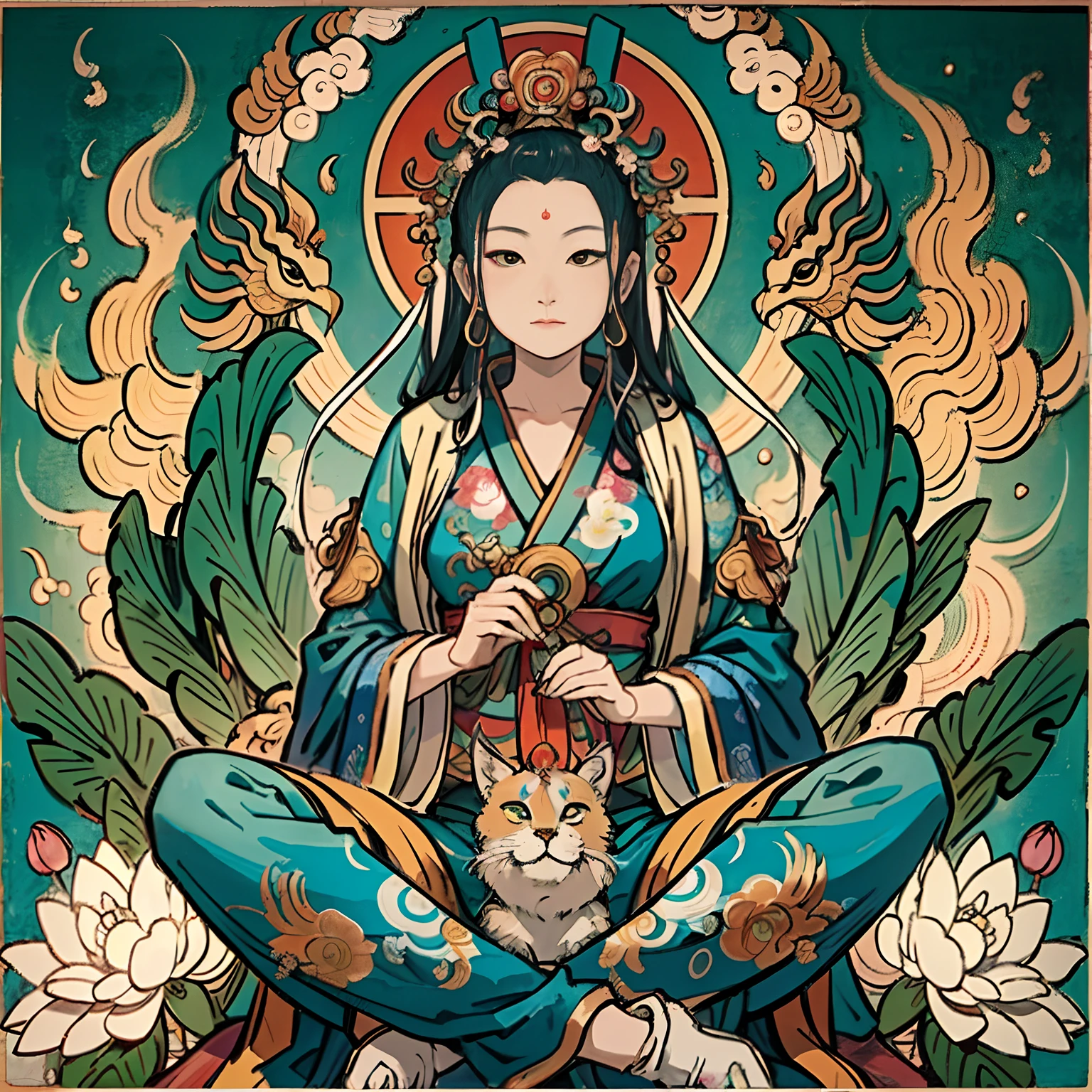 an ancient Chinese goddess, guanyin of the southern seas, Guanyin, Inspired by India, Avalokiteshvara rides a phoenix,,Serene expression,shui mo hua,Buddha,Buddhist,Lotus,Chinese painting style,Thangka style