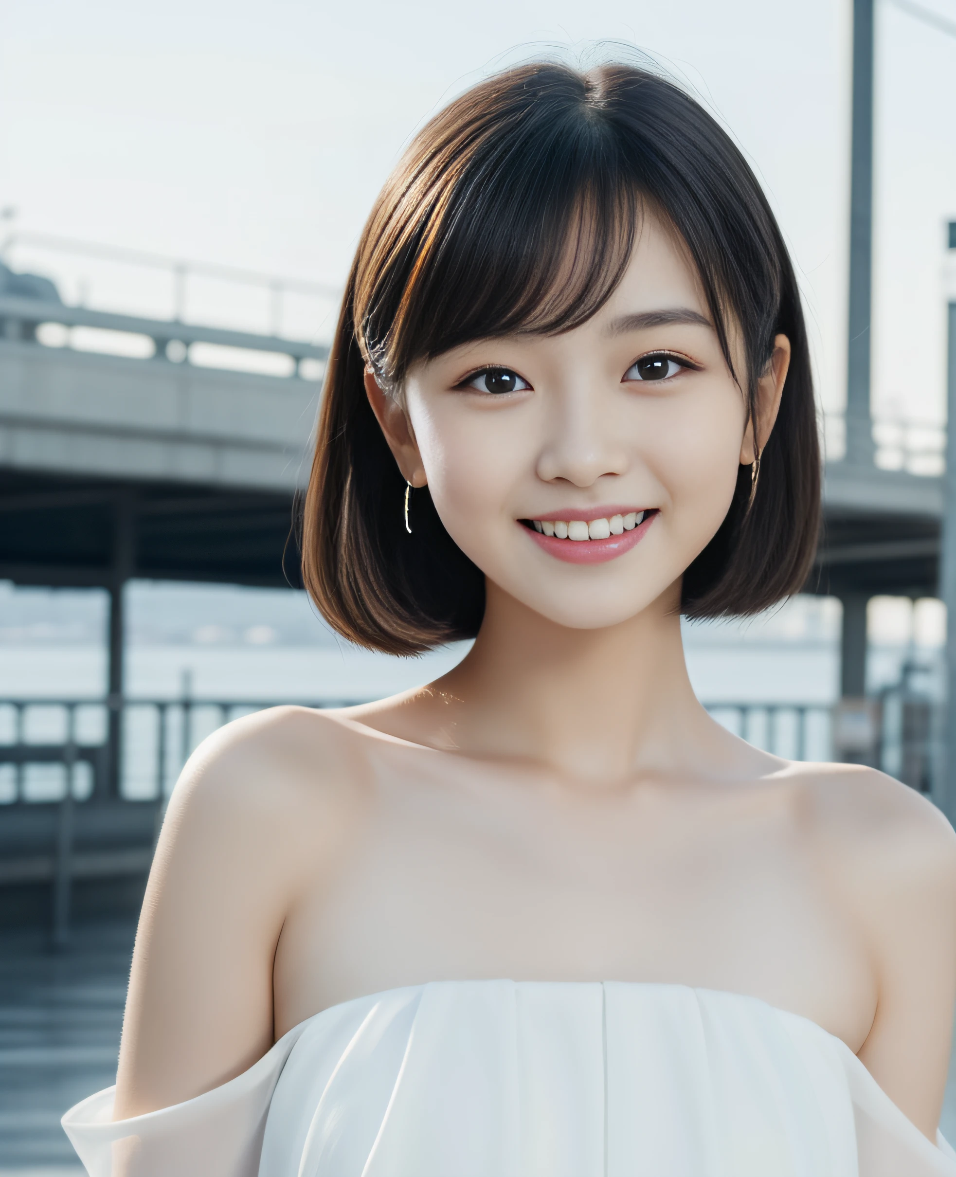 ((best quality, 8K, masterpiece: 1.3)), beautiful girl, pure, melon face, kind and cute, sweet smile, pure desire, slender body, (front), (tilted head), ((looking at camera) ), medium bust, wearing a white dress, medium black silky hair, long flowing shoulders, round black big eyes, clear big eyes, moist red lips, sweet, standing, ferry terminal background, ((((whole body)))),