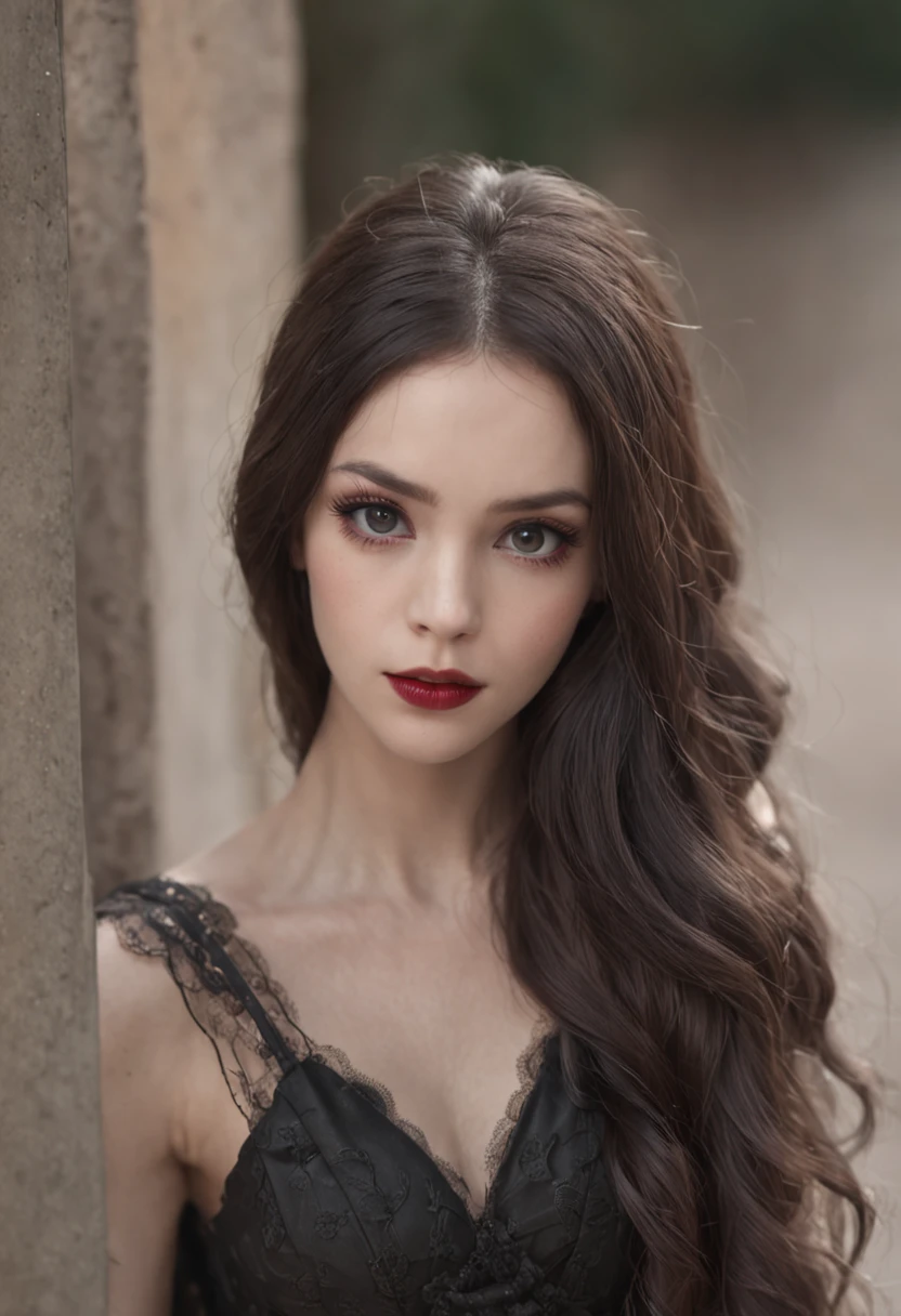 Big eyes, long hair, eyes, cold eyes, red lips, high nose, proud black silk, coat
