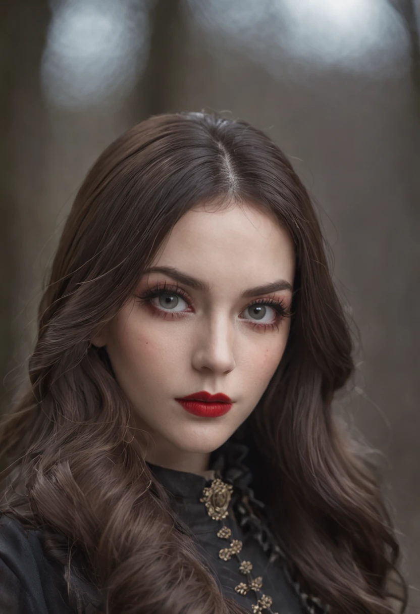 Big eyes, long hair, eyes, cold eyes, red lips, high nose, proud black silk, coat
