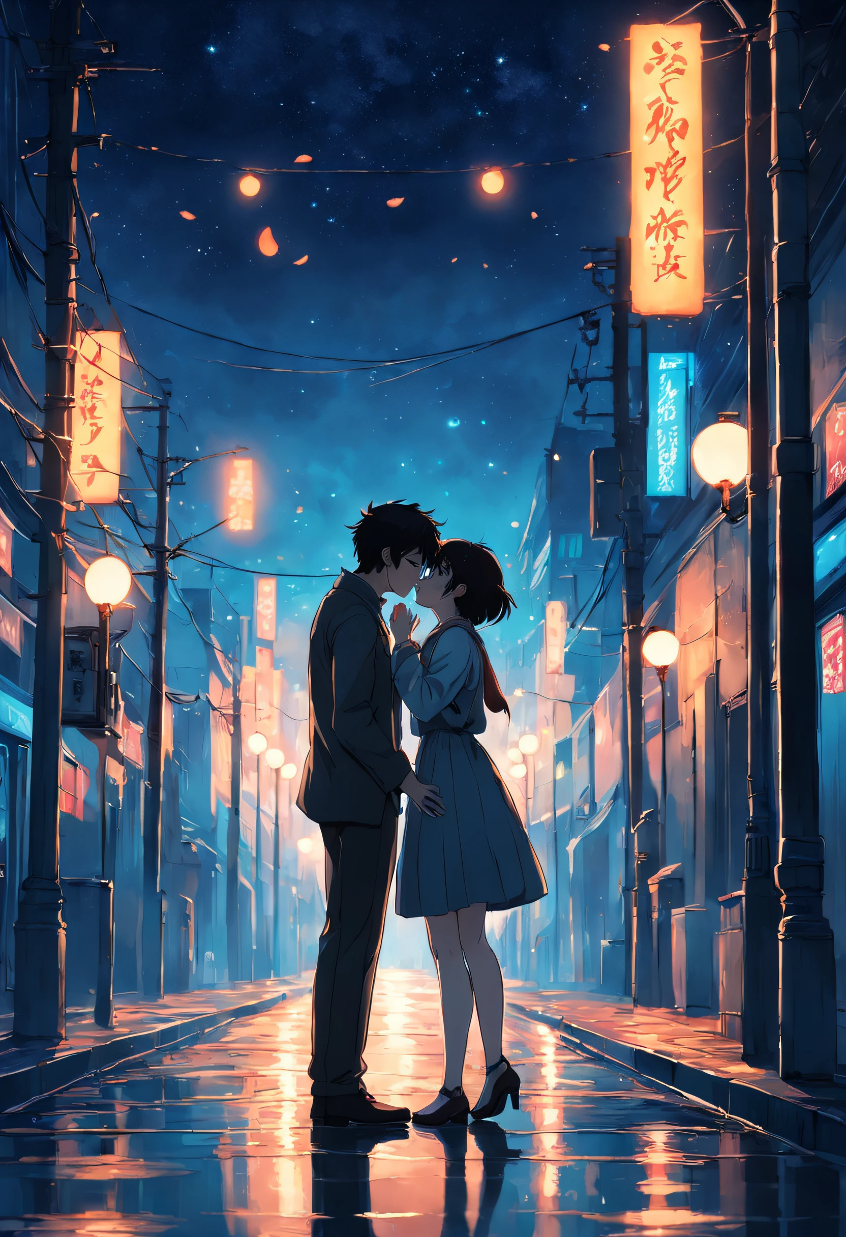 A couple kisses goodbye in an empty street, The street lamps at night shone on the two of them