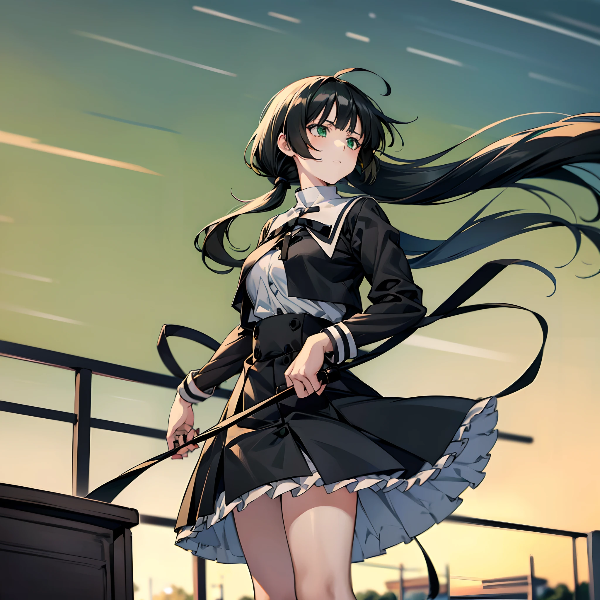 solo, (((anime girl with long black ponytail))), (((flowing hair))), ((bangs)), (green eyes), (((neutral face))), ((blank facial expression)), school uniform, skirt, ((classroom in background)), ((high quality)), (extremely detailed)