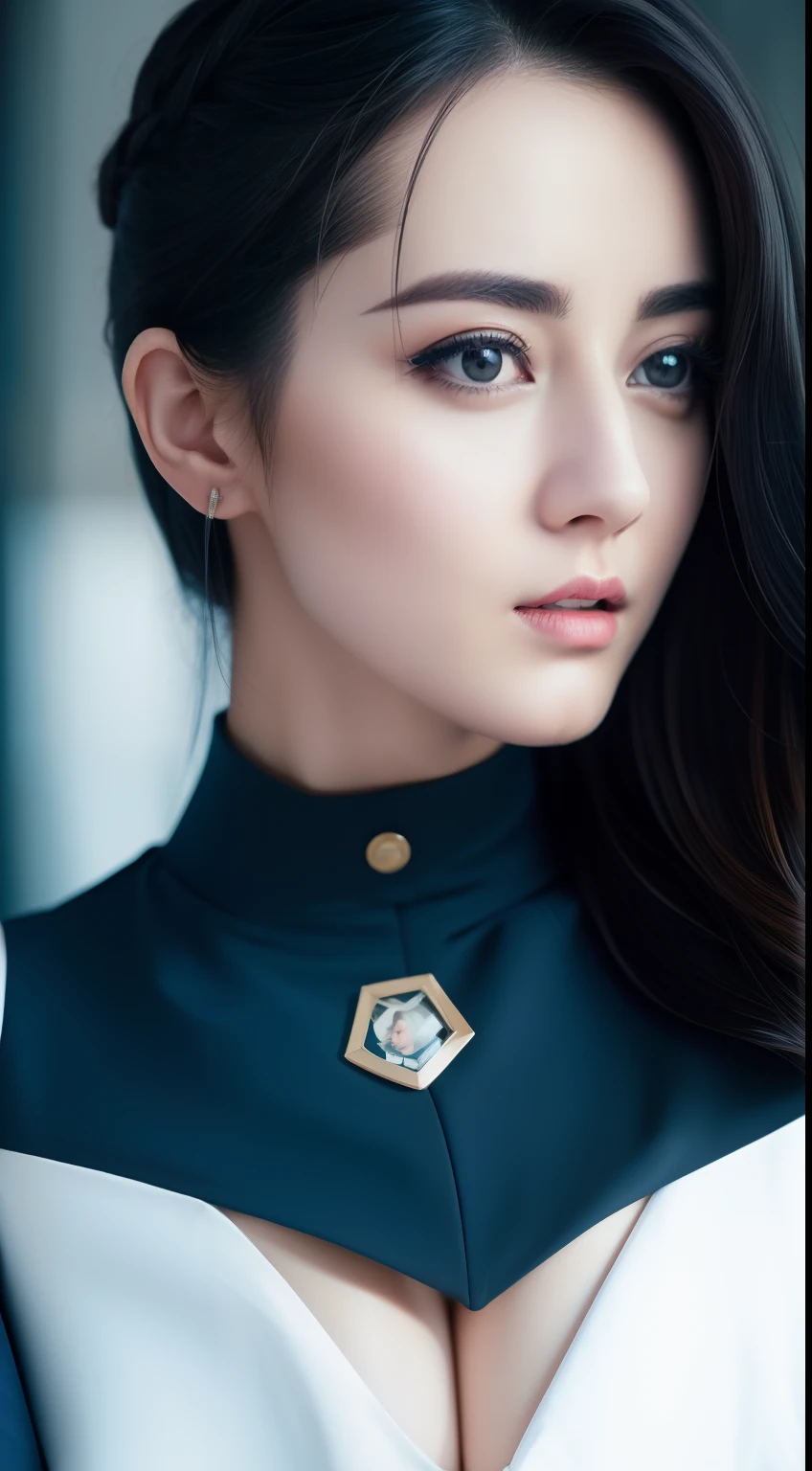 Thigh garter, Full body shot, sad, deep cleavage , kglamour_magv2, race_queen dressed in navy blue retro Prosecutor uniform, (steampunk background:.4), masterpiece, breathtaking, dramatic composition, ultra realistic, 100mm, Fujifilm XT3, Canon50 DSLR, sharp focus, hyperrealism, highly detailed, crisp edges, plates hair style