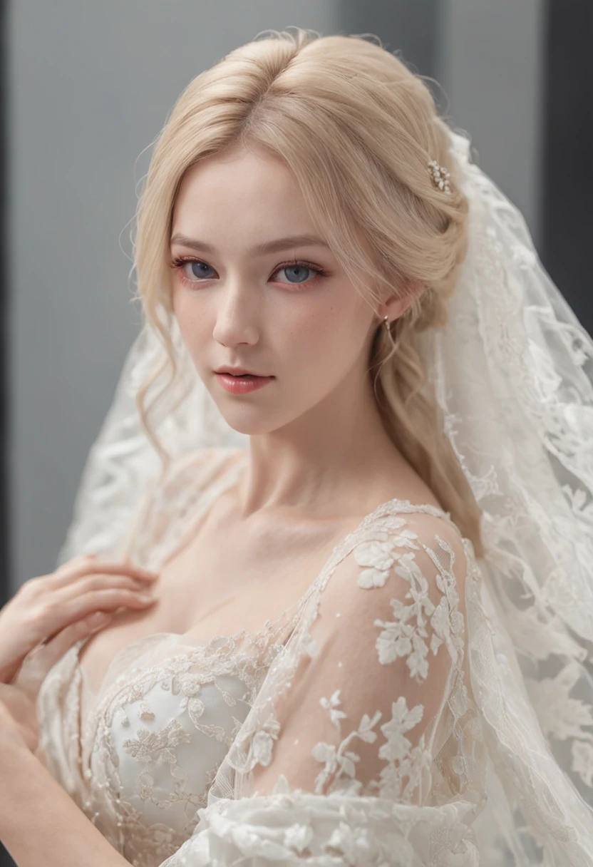 1 beautiful girl, full body, standing photo, white wedding dress, soft dress, blond hair, blue eyes, wavy hair, masterpiece, diffuse soft film lighting, portrait, best quality (perfect face:1.4), ultra-realistic highly detailed intricate realistic simulation style photo sharply focused on eyes, cinematic lighting, studio shot, gorgeous pose